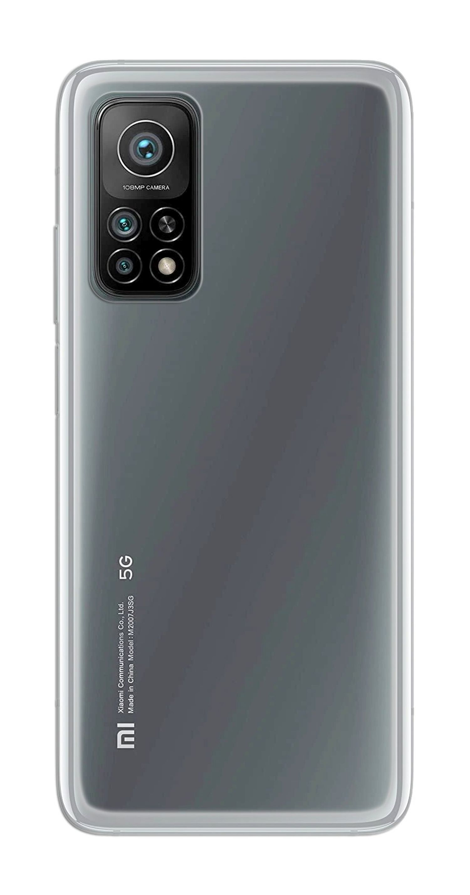 Die Rückseite eines Smartphones in einer transparenten Hülle, mit Kamera und 5G-Label, sowie dem Markennamen.