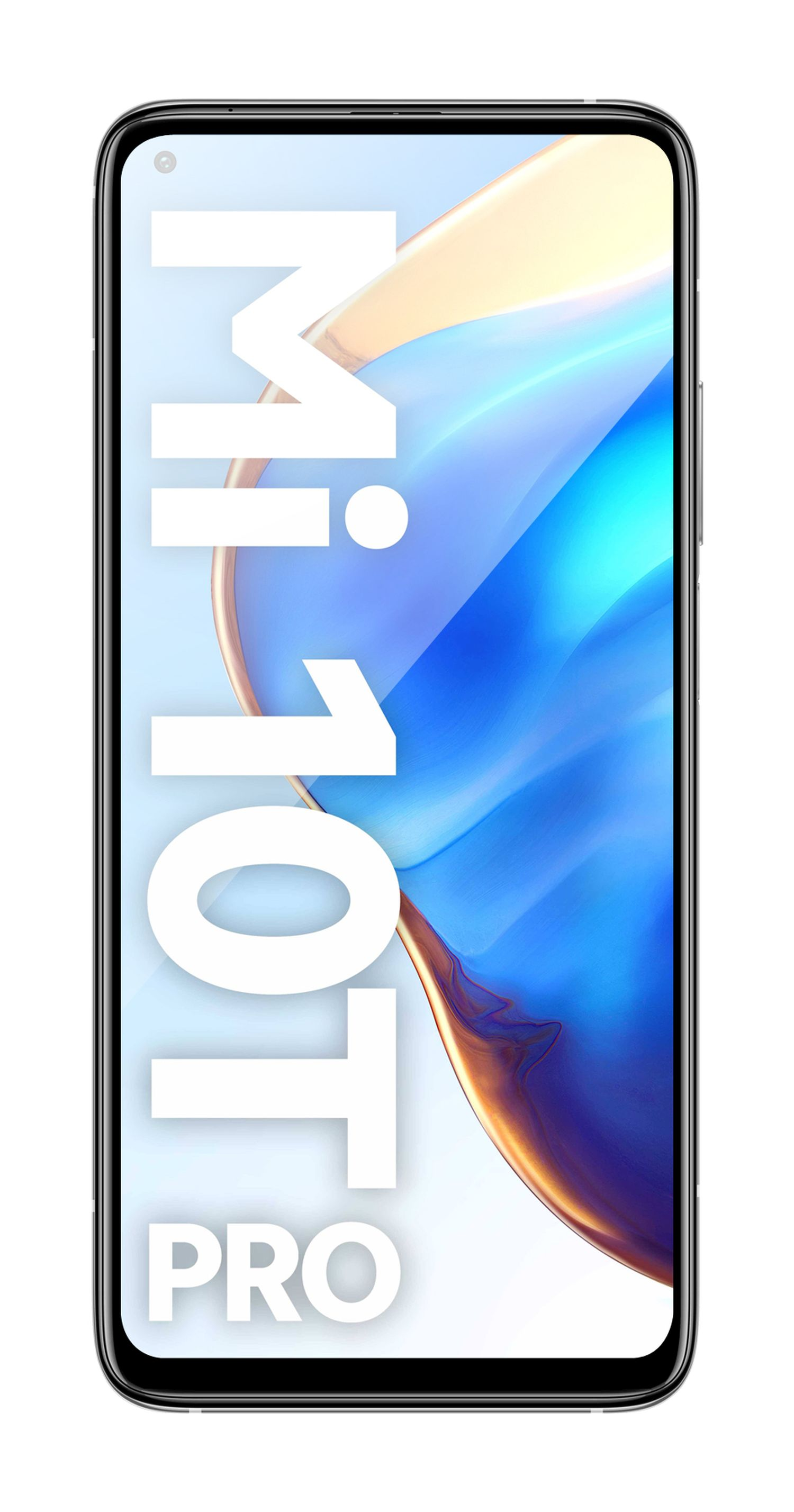 Smartphone mit Text 'Mi 10T Pro' auf dem Bildschirm. Weißer Hintergrund.
