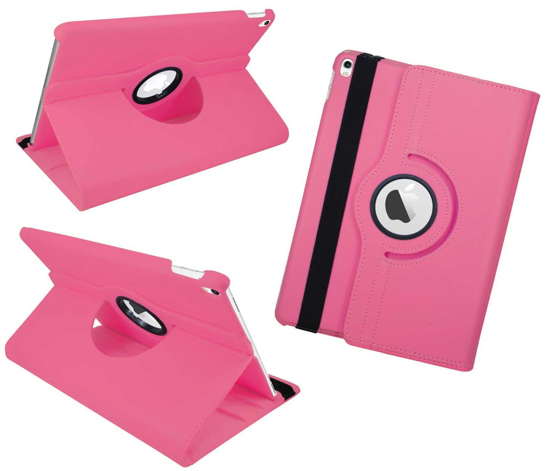 Rosa iPad-Hülle in mehreren Ansichten, die Vorder- und Rückseite zeigen. Die Hülle ist mit Drehfunktion offen und geschlossen.