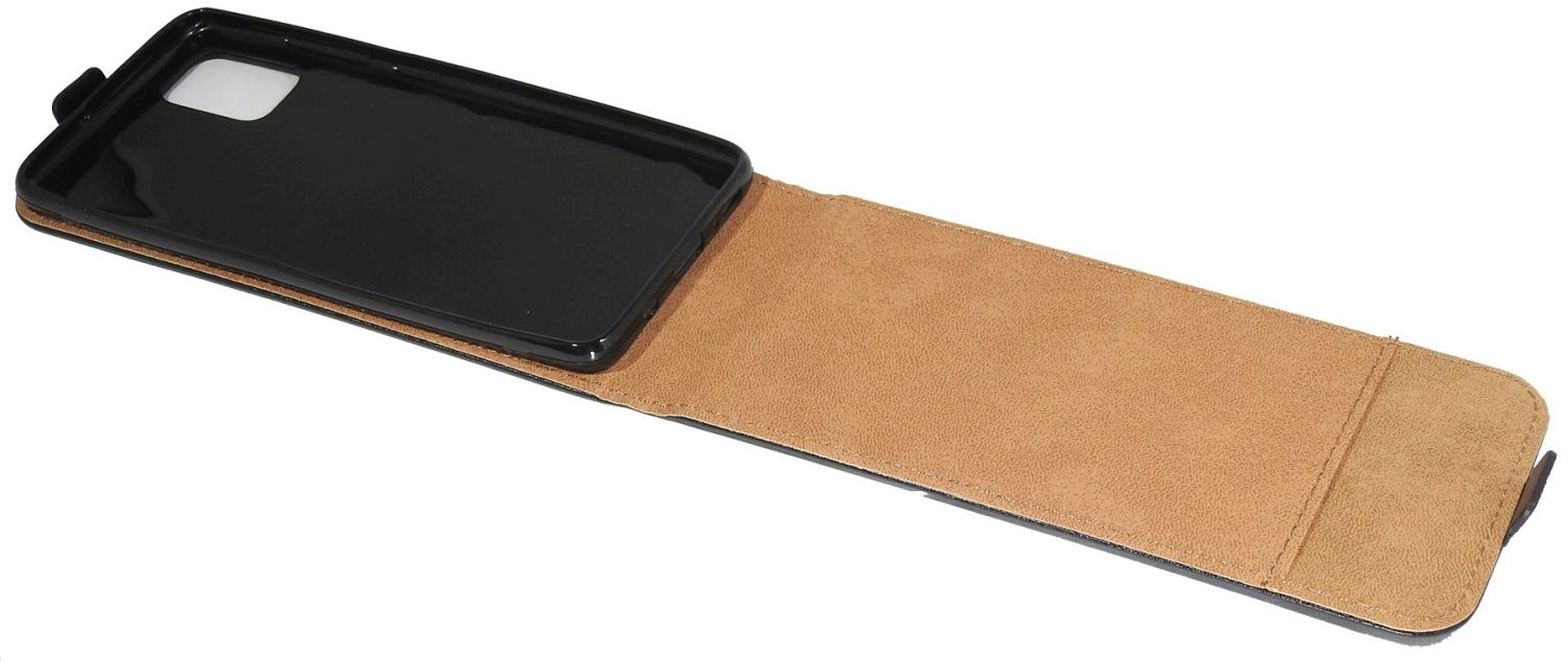Eine Handyhülle geöffnet. Schwarzes Telefon in der Hülle mit beigem Innenraum.