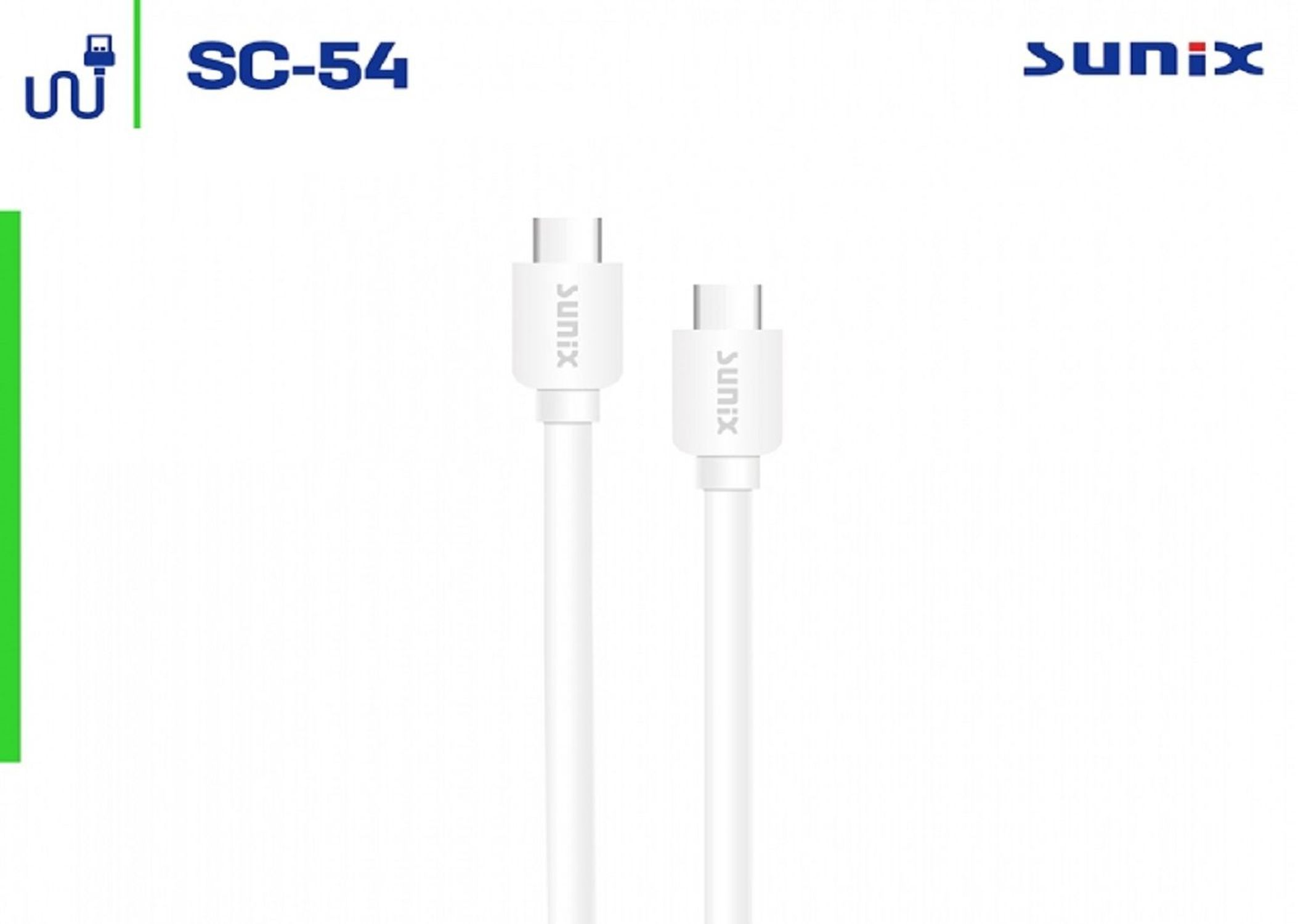 Weißes USB-C-Kabel mit SUNIX-Logo. Zwei Anschlüsse. Der Hintergrund ist weiß.