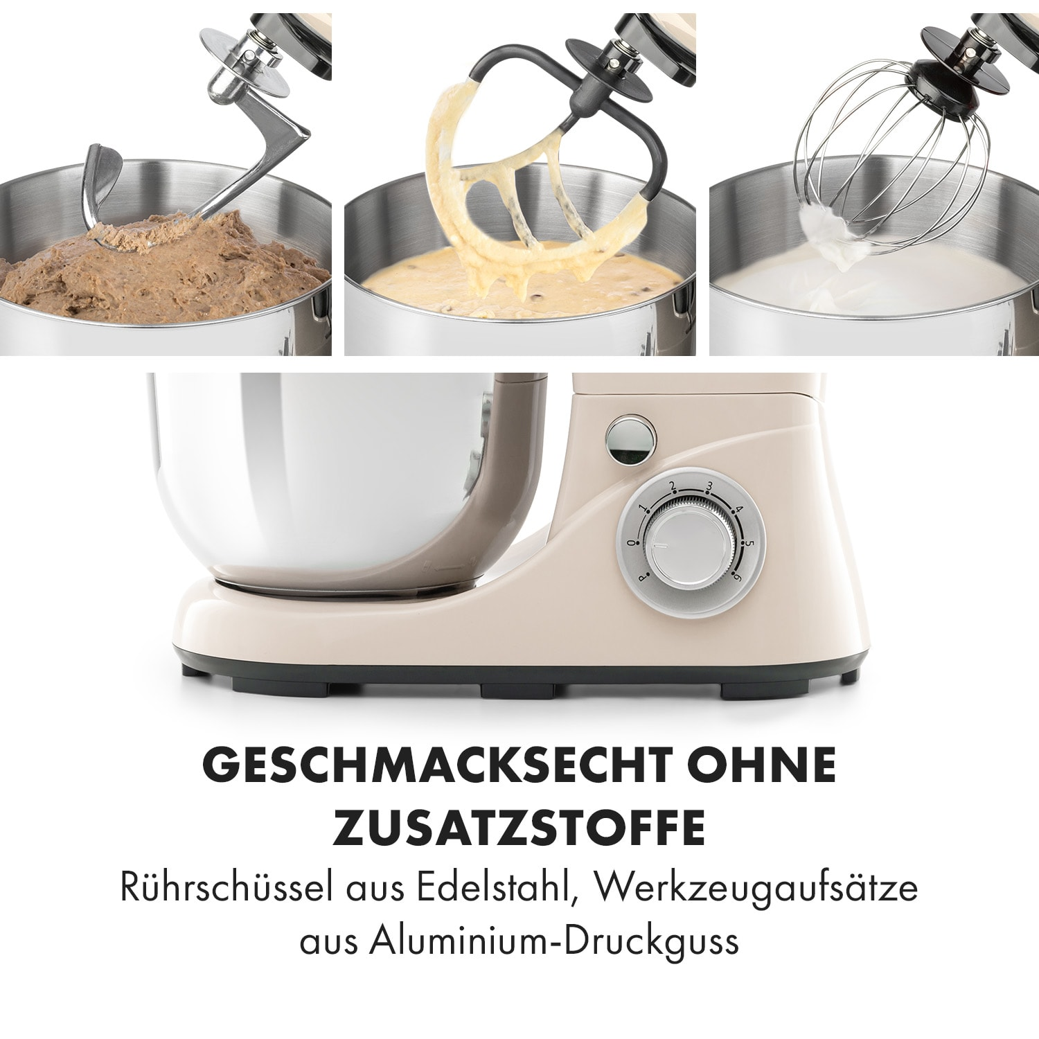 Un'impastatrice beige con ciotola e accessori in acciaio inox, cibo nelle ciotole.