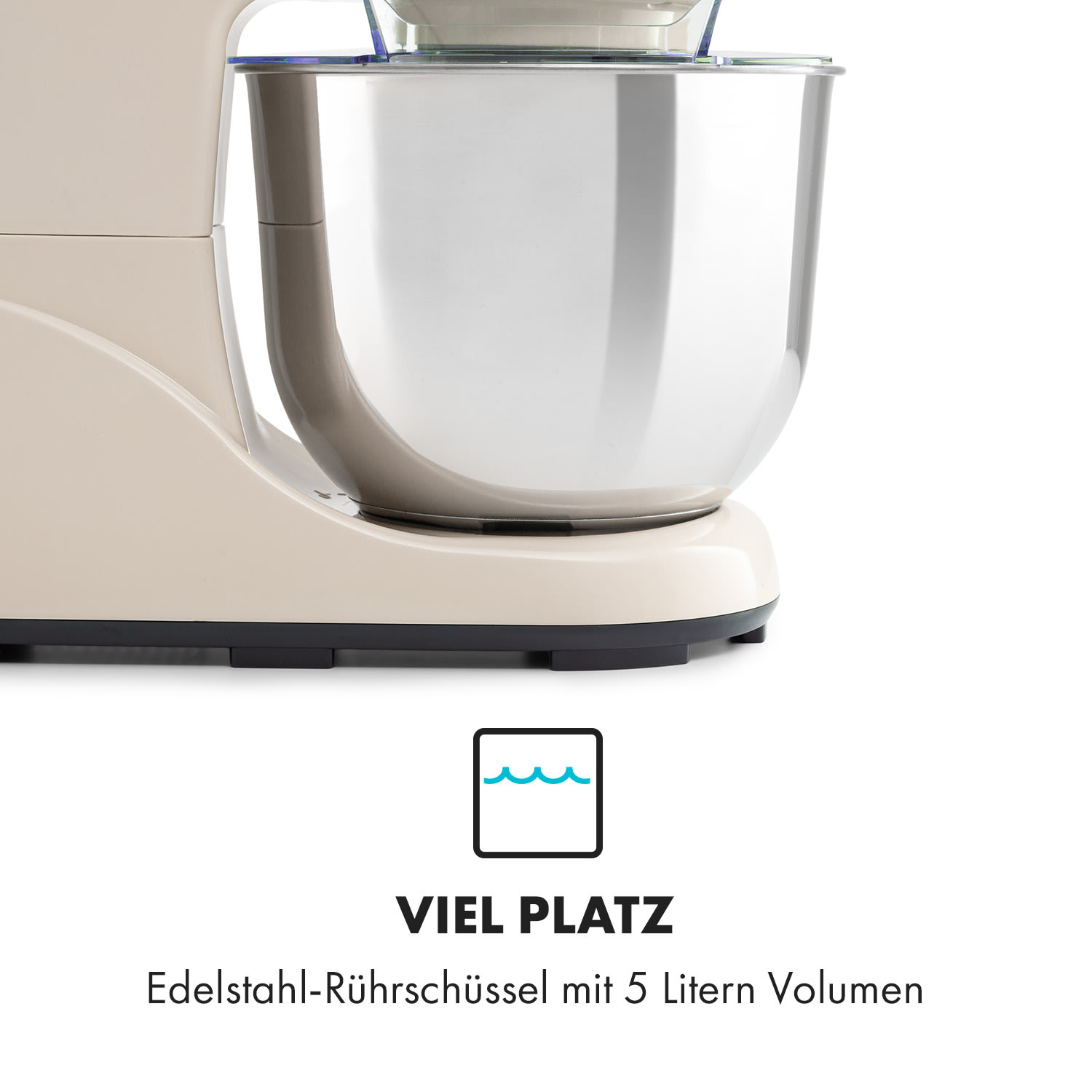 Un mixer da cucina beige, che mostra la ciotola e la base della macchina. Il testo dice “VIEL PLATZ” e dettagli.