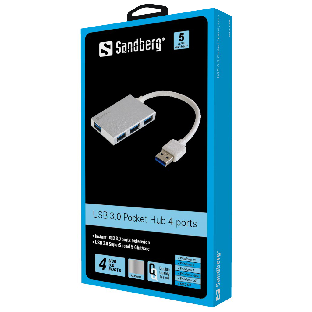 Eine blaue Box mit einem USB 3.0-Hub. Der Hub ist silberfarben und hat 4 Anschlüsse.