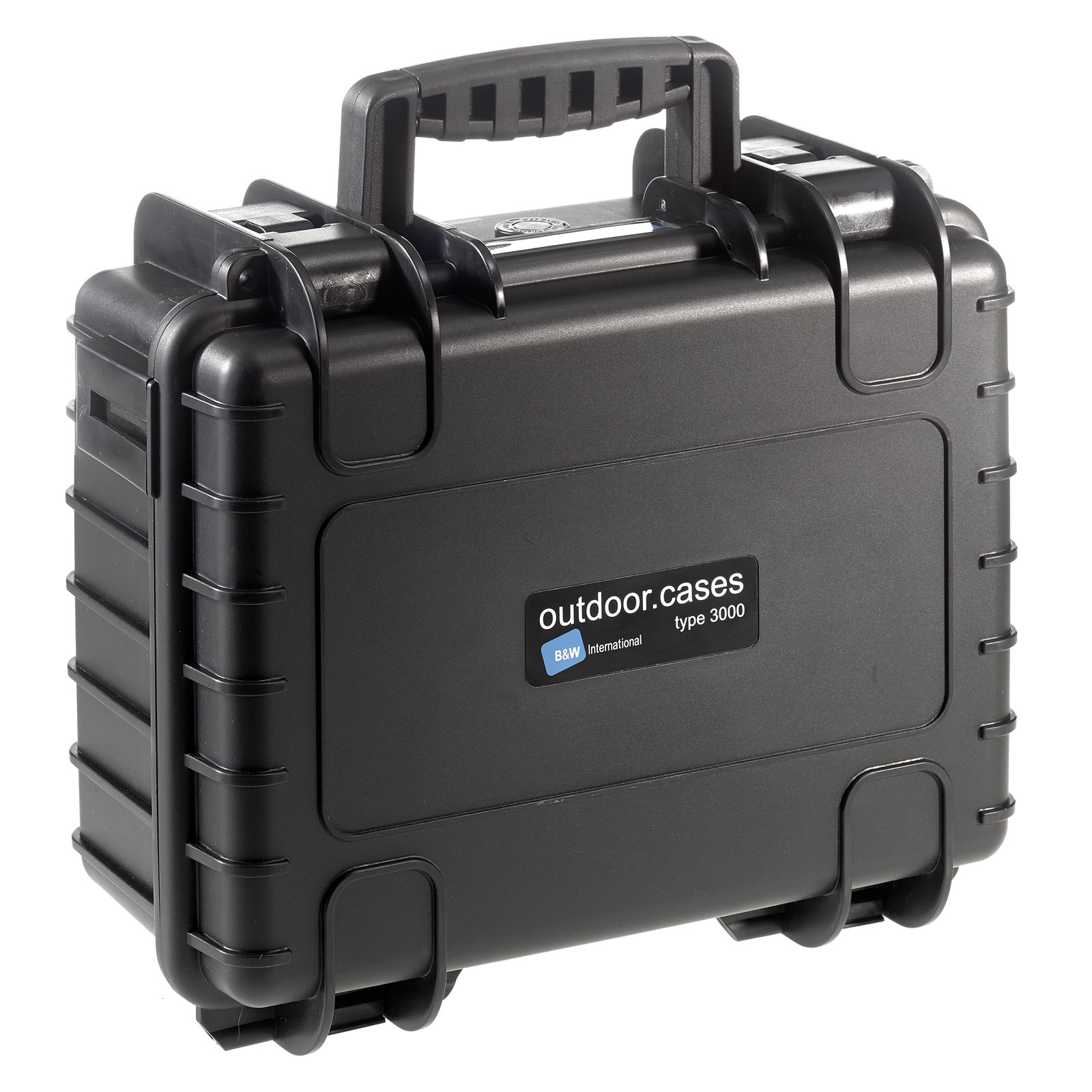 Una valigia nera rettangolare per esterni con maniglia e chiusure, etichettata 'outdoor.cases'.
