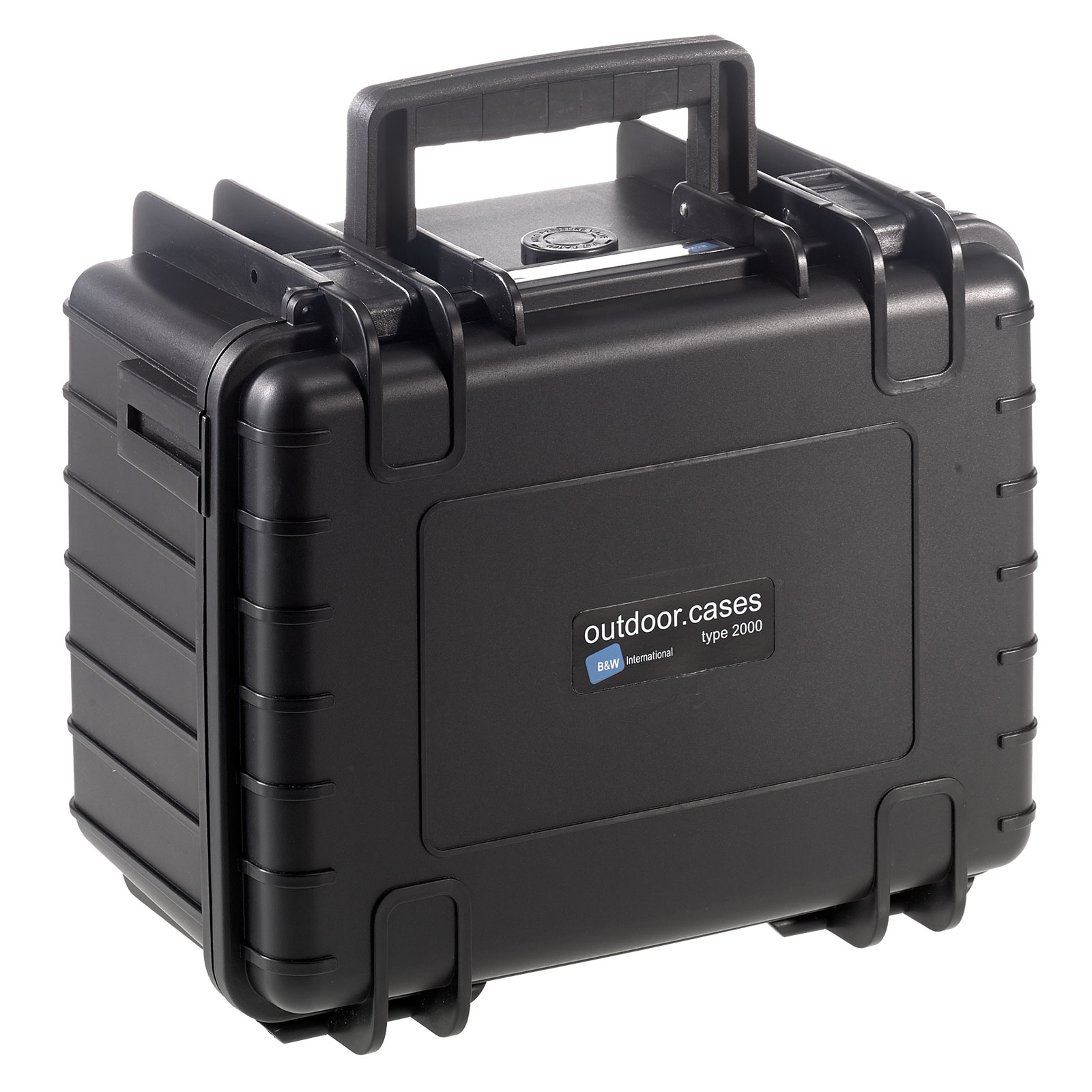 Ein schwarzer, rechteckiger Koffer mit Griff. Er hat ein Logo mit der Aufschrift 'outdoor.cases type 2000'.