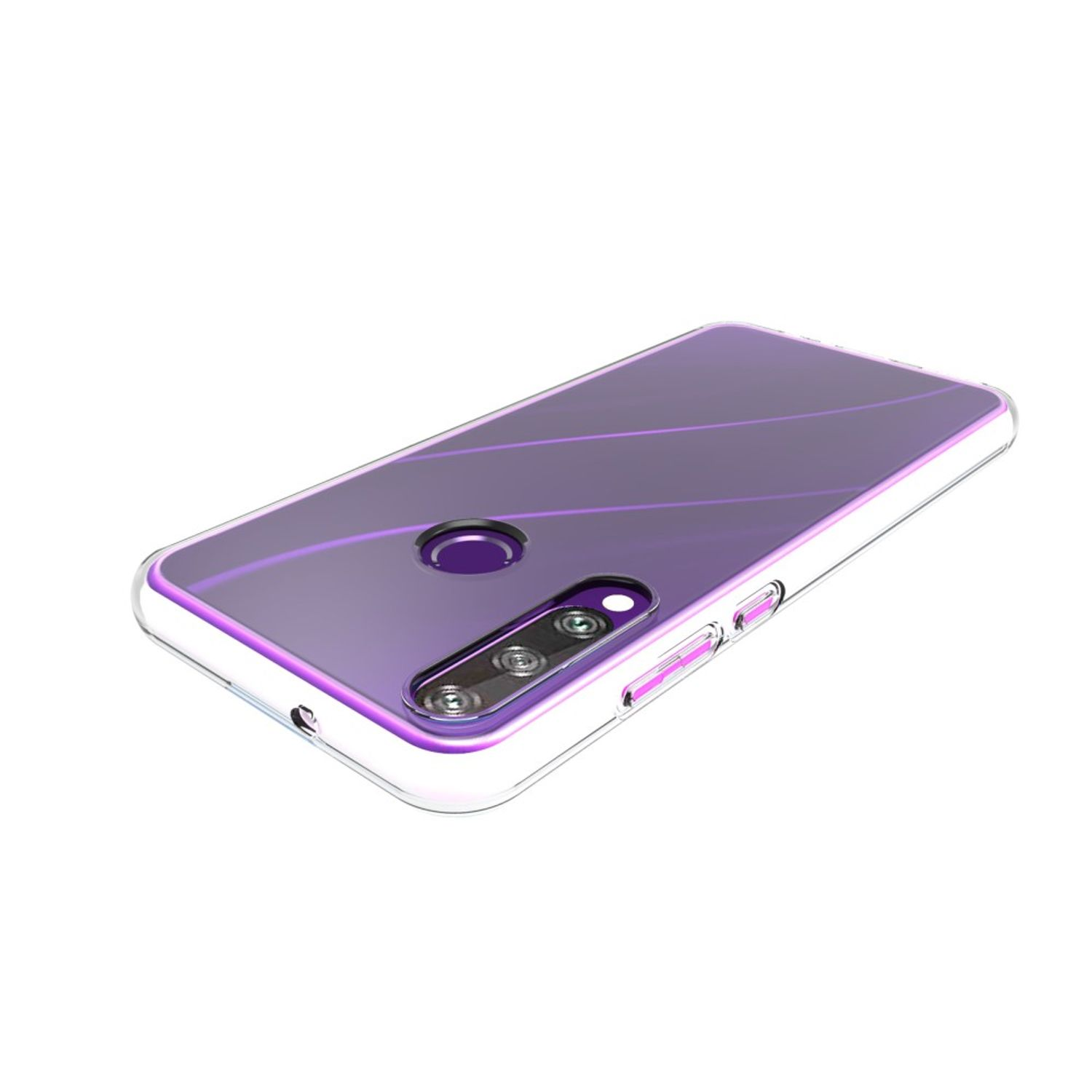 Lila Handyhülle auf weißem Hintergrund. Die Hülle ist transparent mit lila Akzenten. Das Telefon ist in der Hülle.