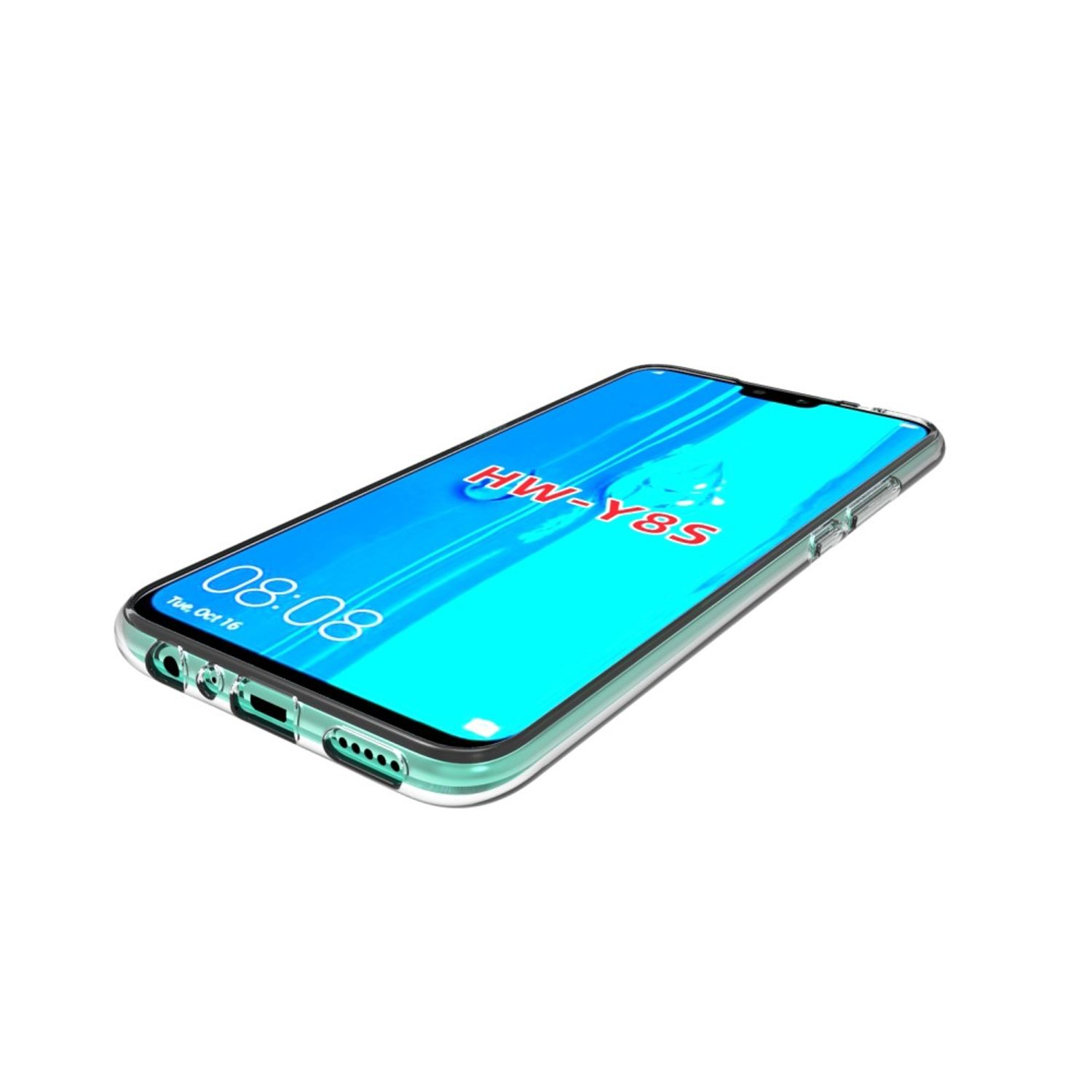 Ein Telefon mit blauem Bildschirm, der HW-Y8S anzeigt, auf einer weißen Oberfläche.