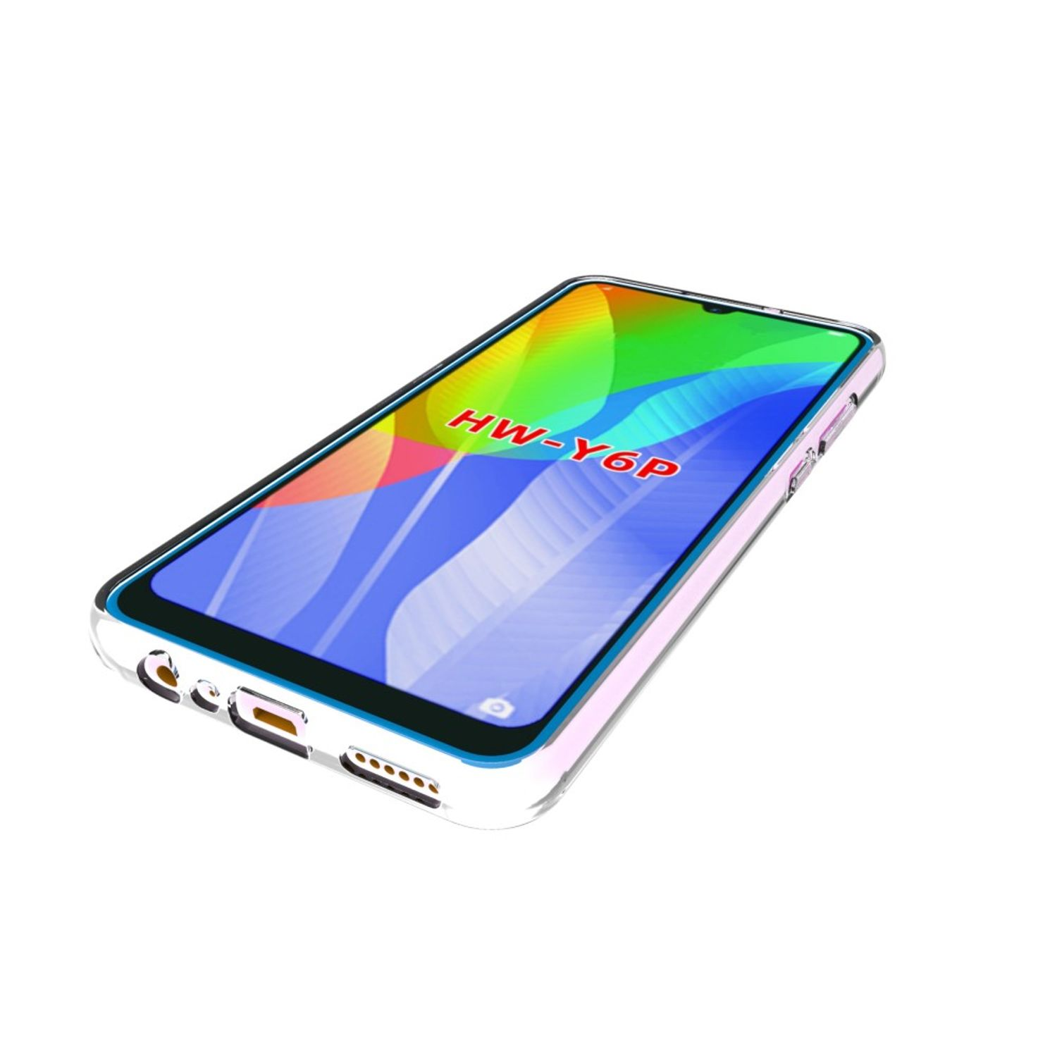 Ein Telefon mit einer transparenten Hülle. Der Bildschirm zeigt farbenfrohe Grafiken.