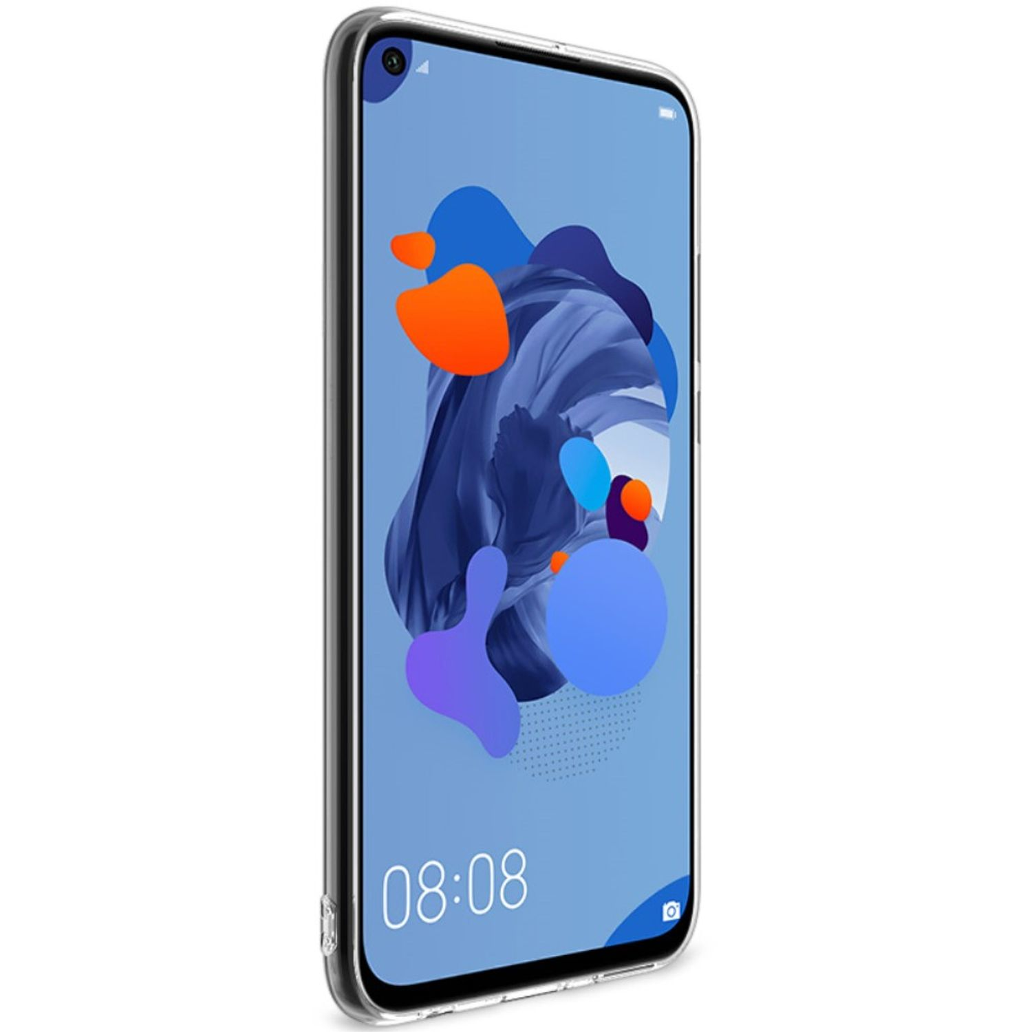 Smartphone mit blauem und orangenem abstrakten Kunstbildschirm. Transparente Hülle mit dem Telefon darin.