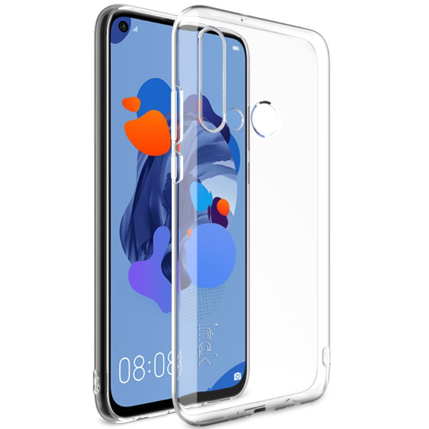 Transparente Handyhülle auf einem Telefon mit einem Bildschirm, der 08:08 anzeigt. Die Hülle ist transparent.