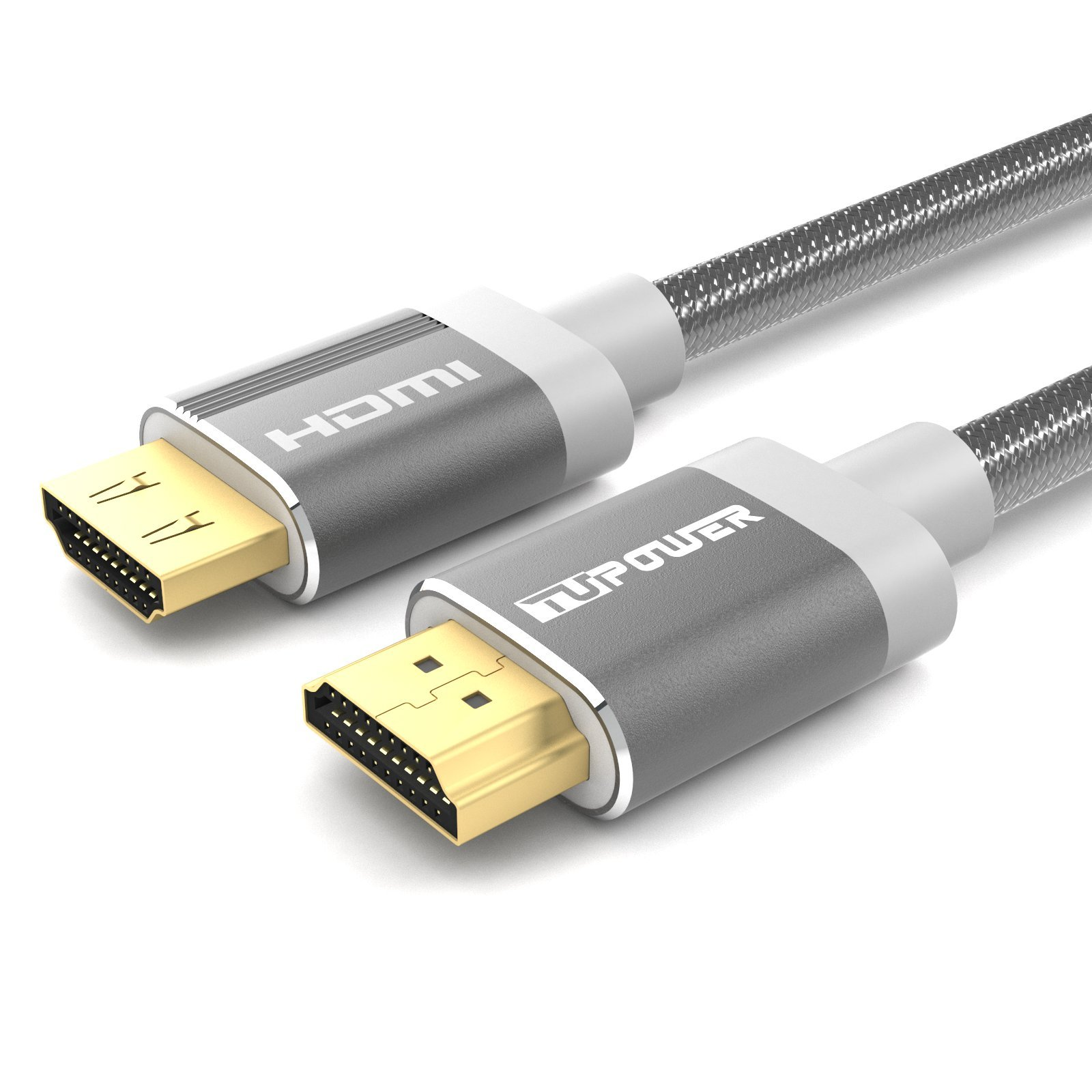 Zwei HDMI-Kabel, grau und silber, mit goldenen Anschlüssen, auf weißem Grund.