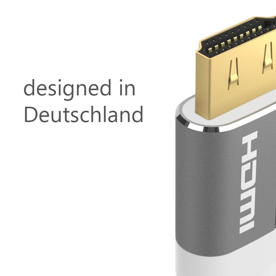 Silberner HDMI-Anschluss mit Text 'designed in Deutschland' auf weißem Hintergrund.