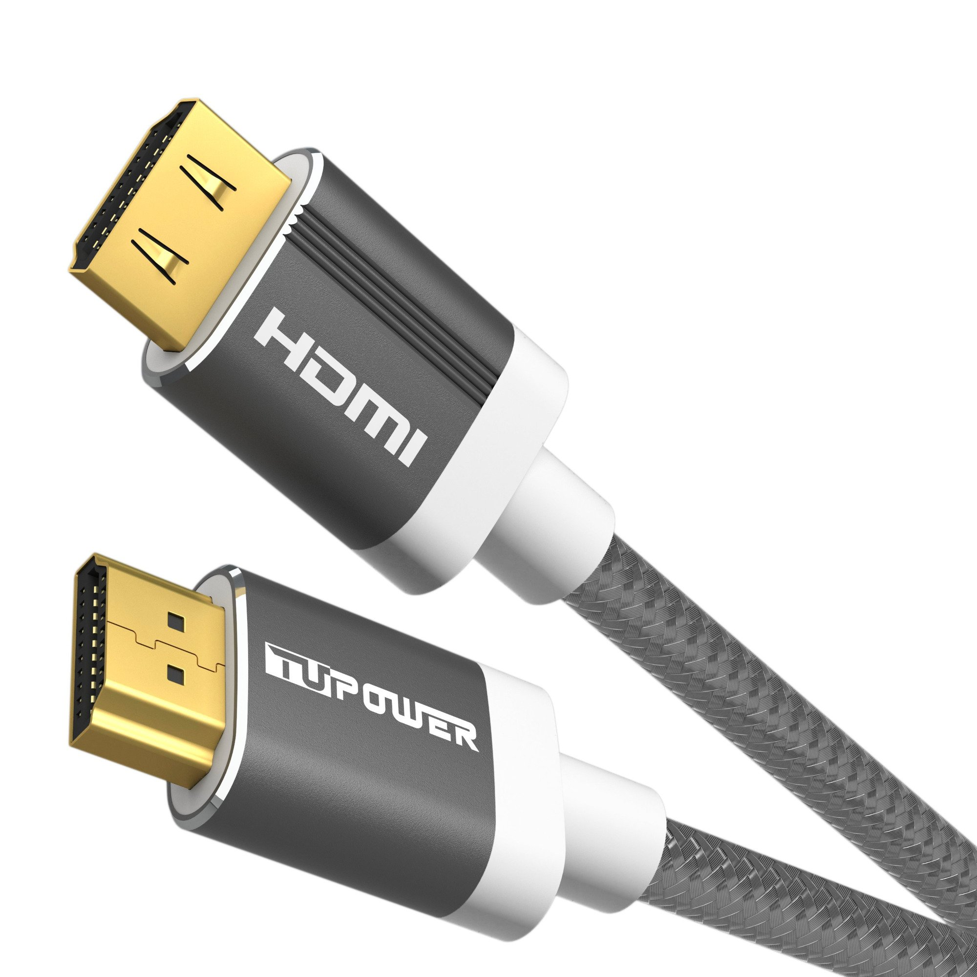 Zwei schwarze und graue HDMI-Kabel mit goldfarbenen Steckern auf weißem Hintergrund.