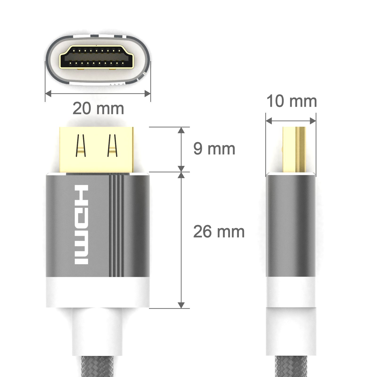 HDMI-Kabel mit Maßen: 20 mm, 26 mm, 9 mm und 10 mm. Anschlussende wird gezeigt.