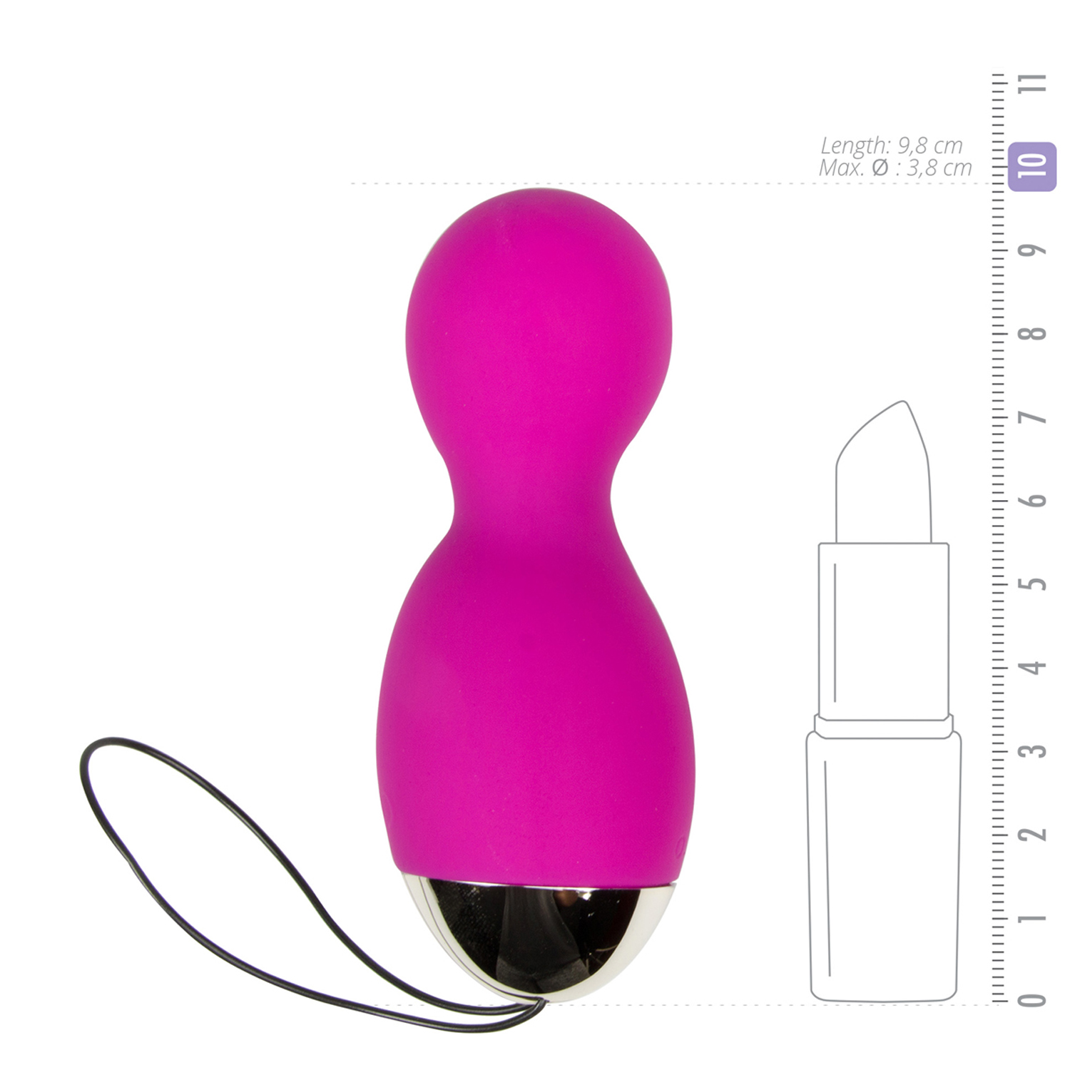 Producto de bienestar rosa y redondeado con un cordón negro y un dibujo de lápiz labial para comparar el tamaño.