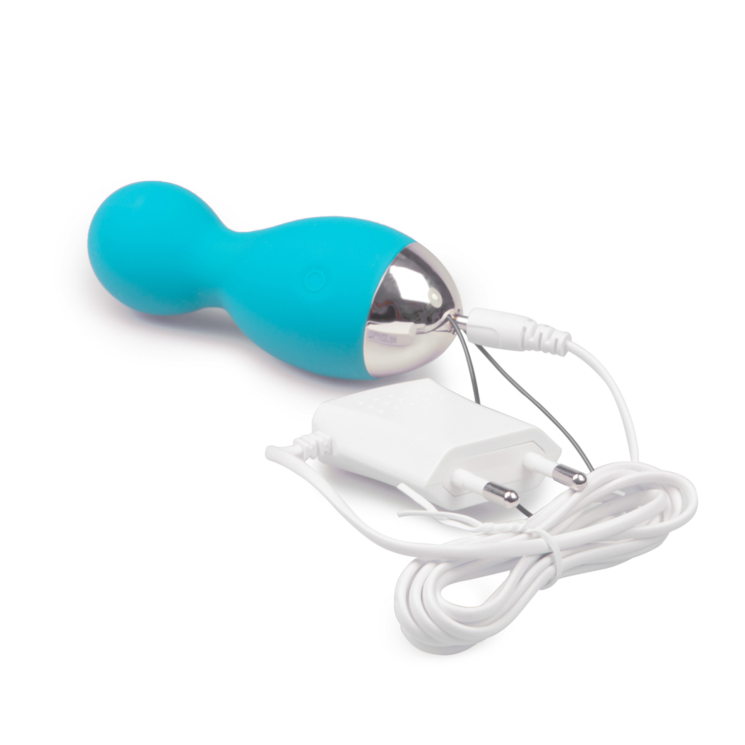Vibrador azul con punta plateada, conectado a un cargador y cable blancos.
