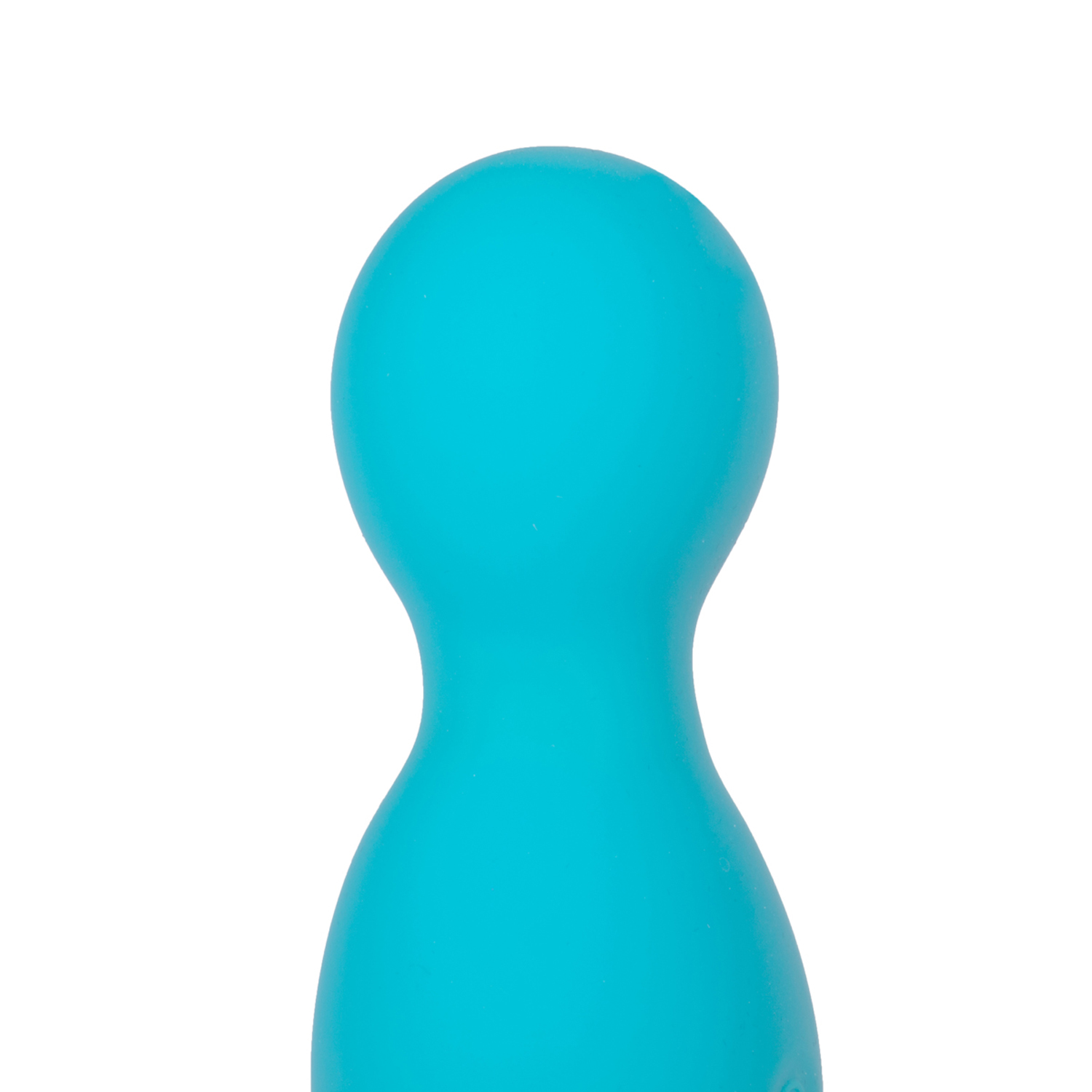 Un juguete sexual de color turquesa con cabeza redondeada y cuerpo cónico. Fondo blanco.