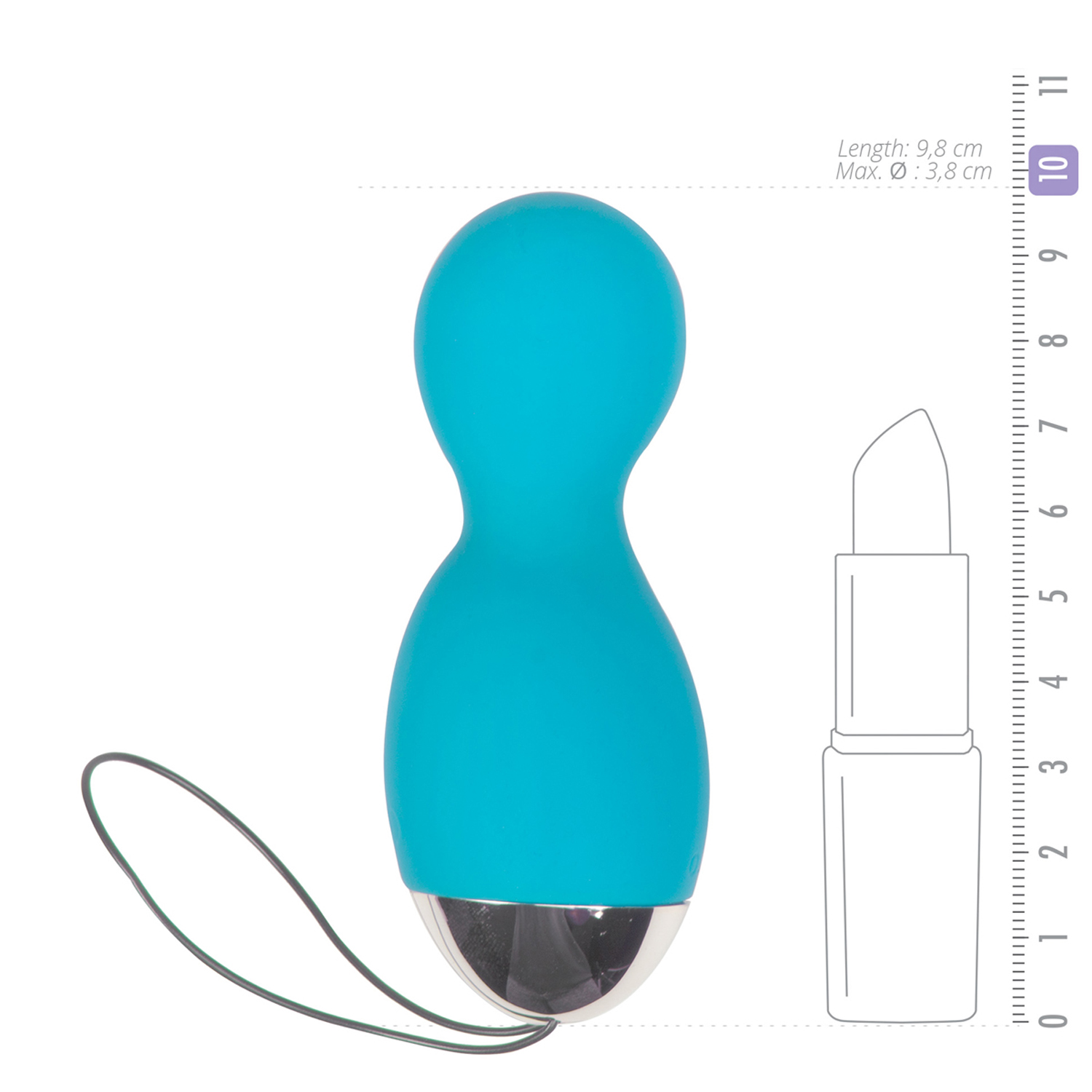 Juguete sexual azul con base plateada junto a contorno de lápiz labial con medidas. Fondo blanco.