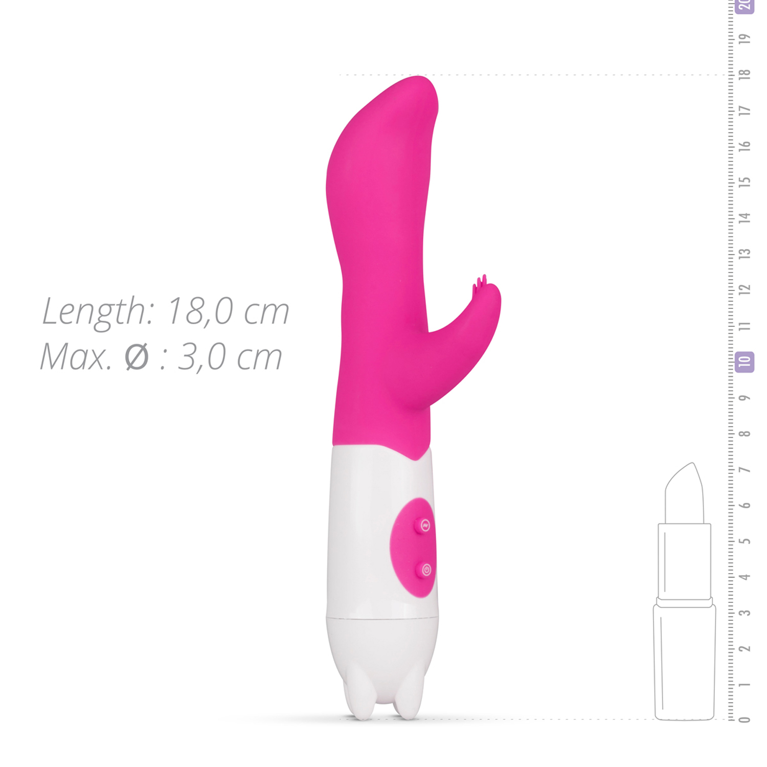 Rosa-weißer Vibrator mit Maßen und Lippenstiftvergleich auf weißem Hintergrund.