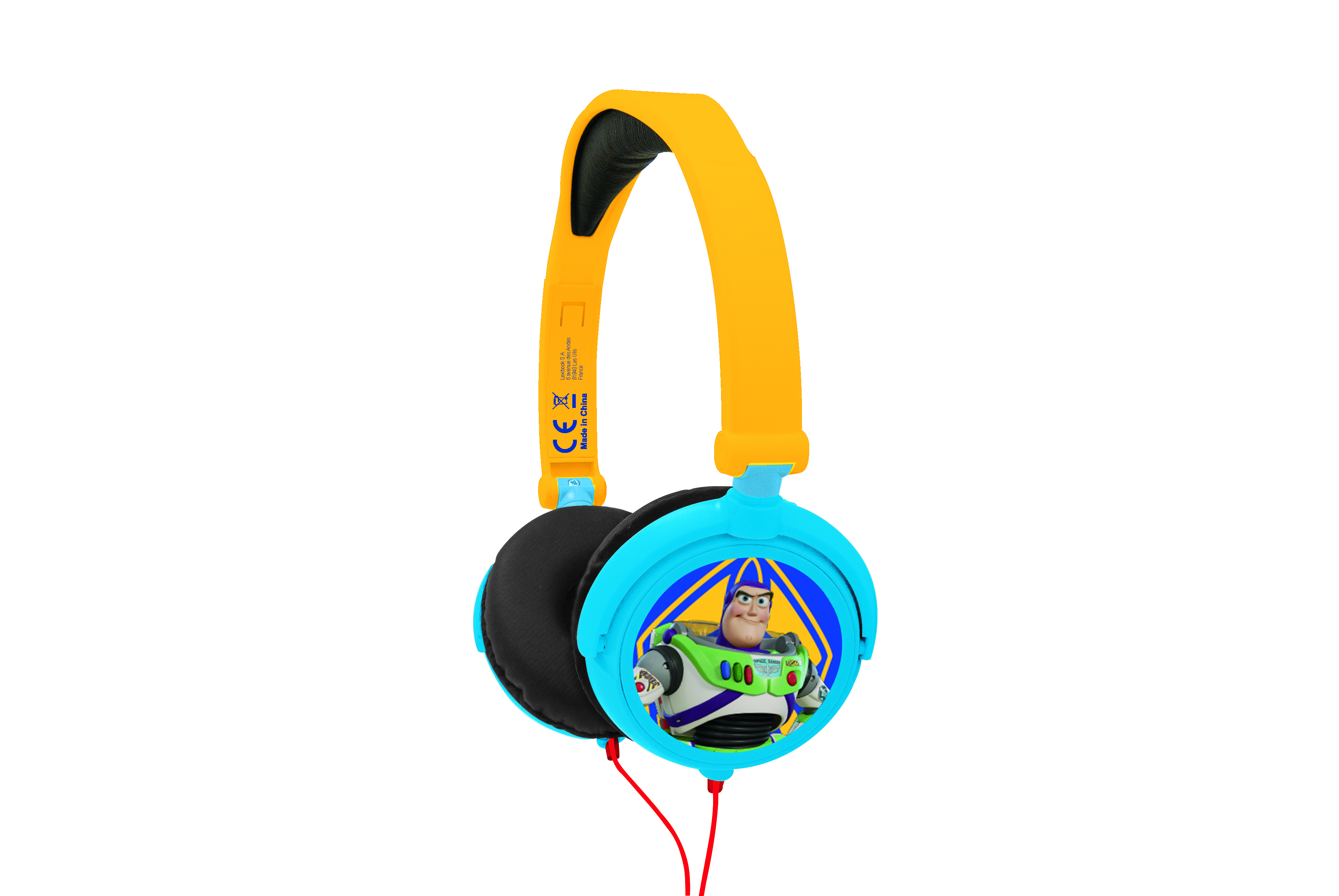 Buzz Lightyear Kopfhörer. Blaue Ohrmuscheln mit Buzz-Bild. Gelbes Kopfband. Rotes Kabel.