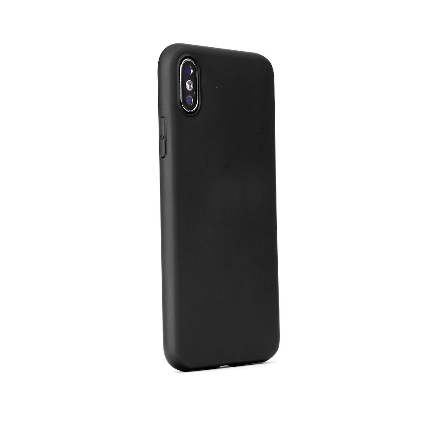 Eine elegante schwarze Handyhülle, aufrecht stehend.