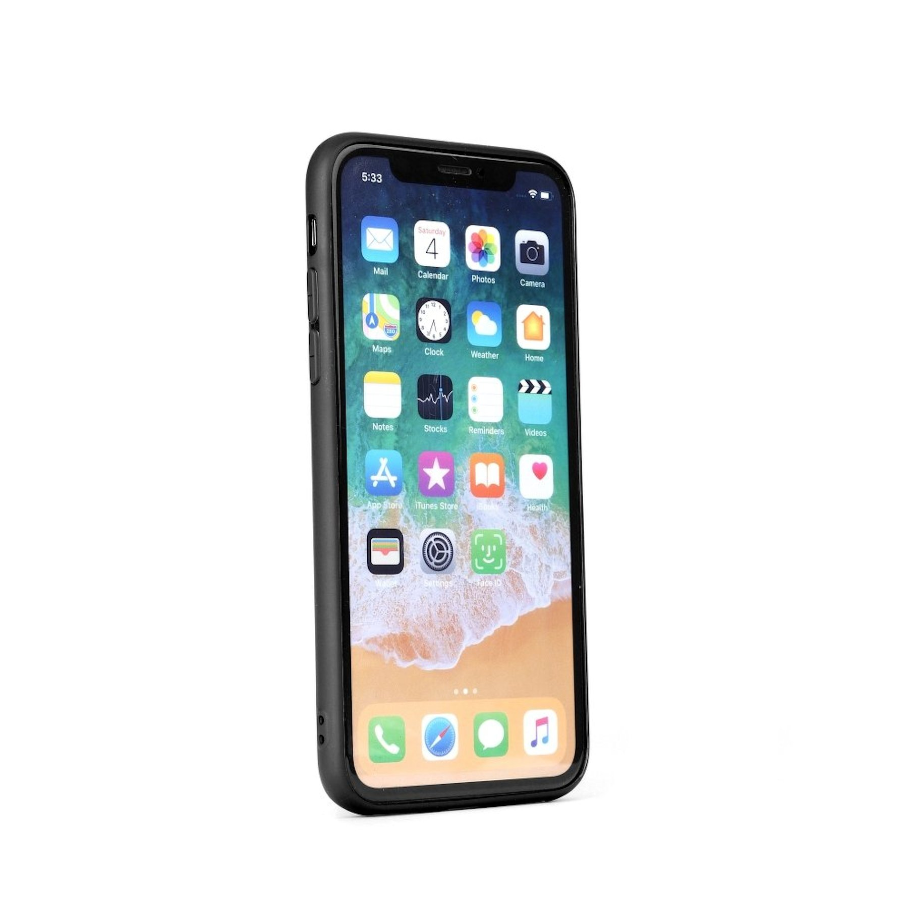 Ein schwarzes Telefon in einer schwarzen Hülle, das den Startbildschirm mit mehreren sichtbaren App-Symbolen zeigt.