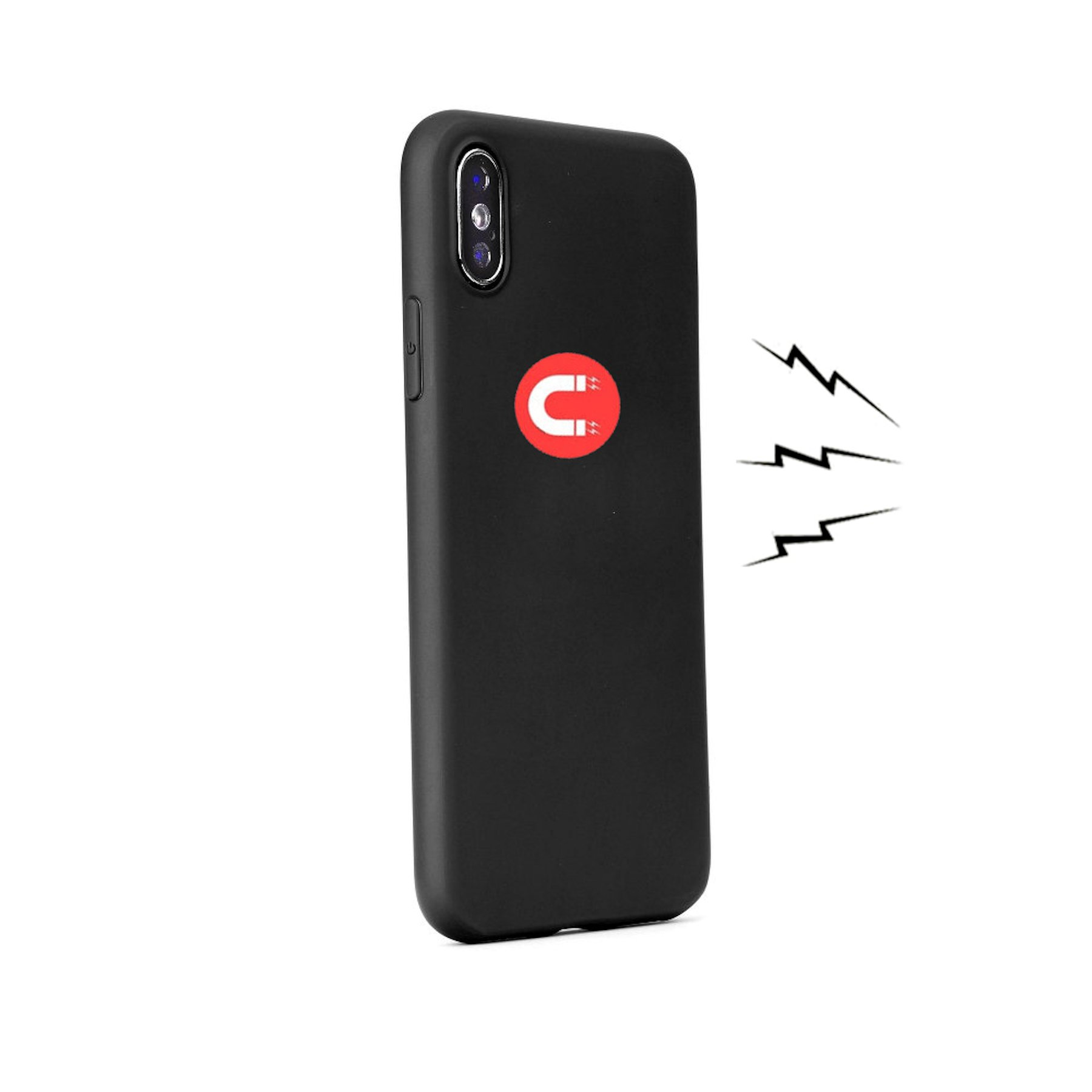 Schwarzes Telefon mit rotem Magnetlogo auf der Rückseite. Blitzbilder in der Nähe des Telefons. Weißer Hintergrund.