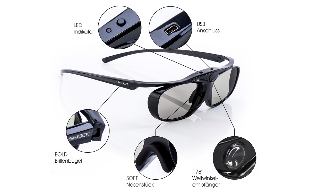 HI-SHOCK 3D Sony Heaven / BT 3D Brille RF Black Beamer aktive Epson, Brille für 3D