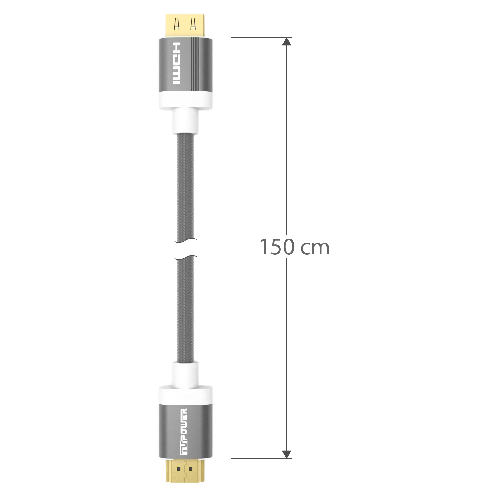 HDMI-Kabel mit grauem geflochtenem Kabel. Die Länge beträgt 150 cm. Das Kabel ist weiß und schwarz.
