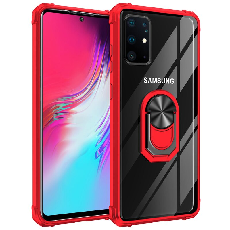 Rote Handyhülle auf einem transparenten Telefon. Die Hülle hat einen Ringhalter und ist weiß.