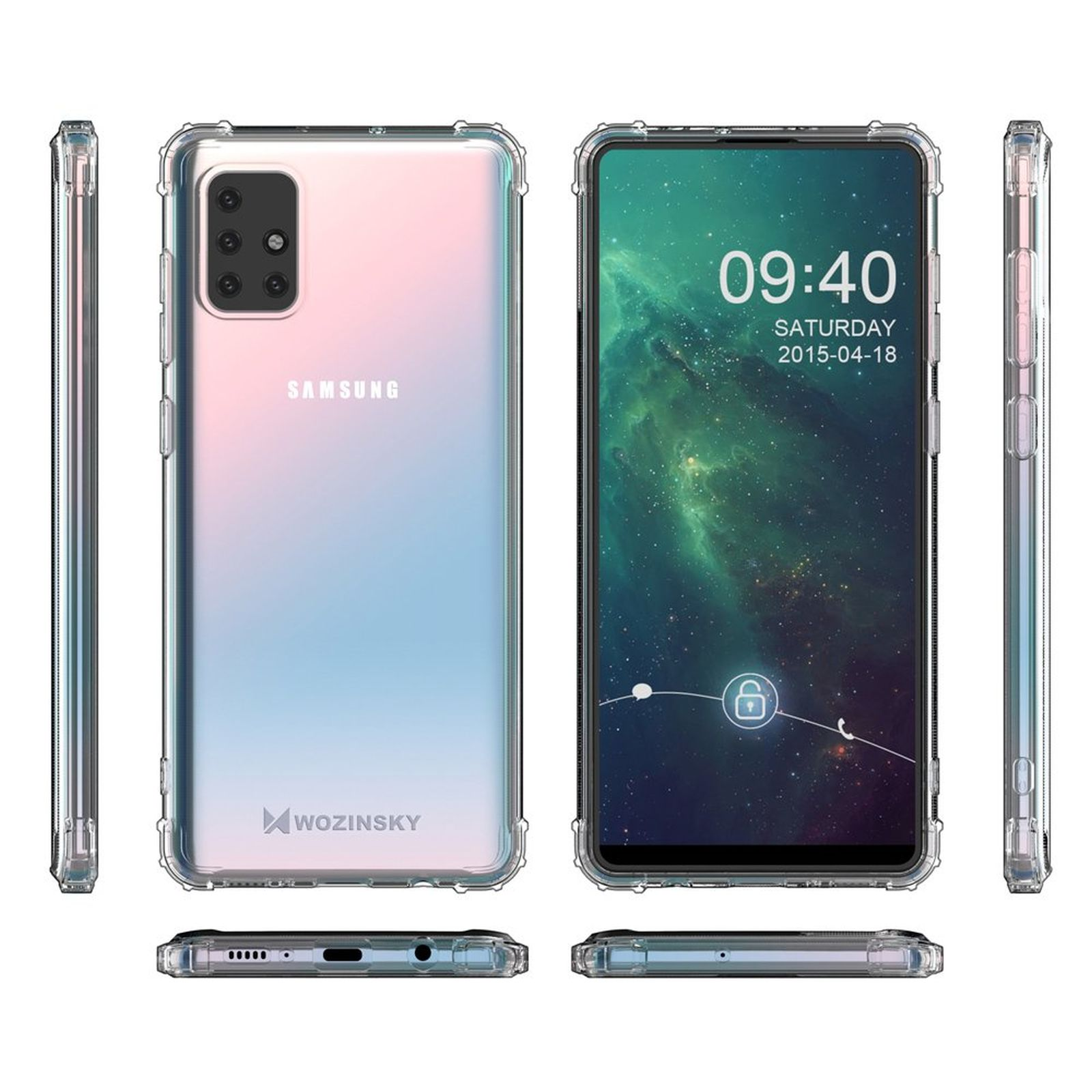 Ein Samsung-Telefon in einer transparenten Hülle. Die Rückseite ist rosa und blau, der Bildschirm zeigt ein Schloss-Symbol.