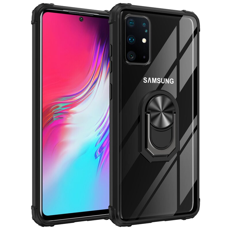 Ein schwarzes Telefon in einer transparenten Hülle mit Ringhalter. Rosa und roter Hintergrund.