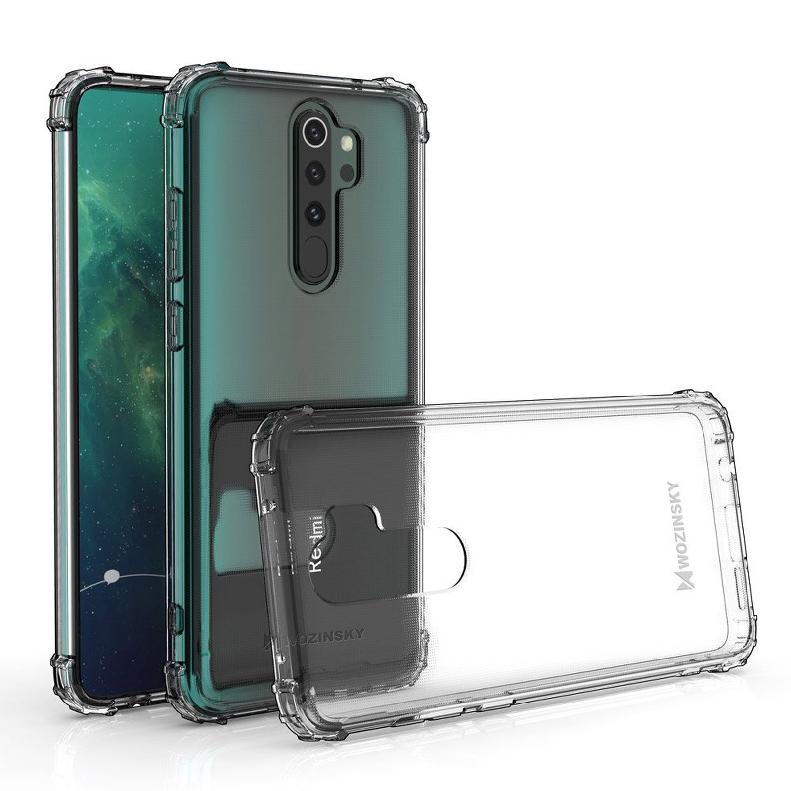 Sono presentate tre custodie per telefono. Una custodia è trasparente, le altre due verdi, su bianco.