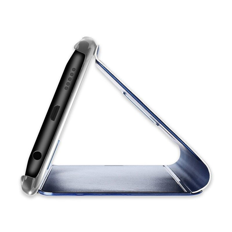 Seitenansicht eines Telefons in einer blauen Hülle. Das Telefon ist abgewinkelt und zeigt die Seiten.