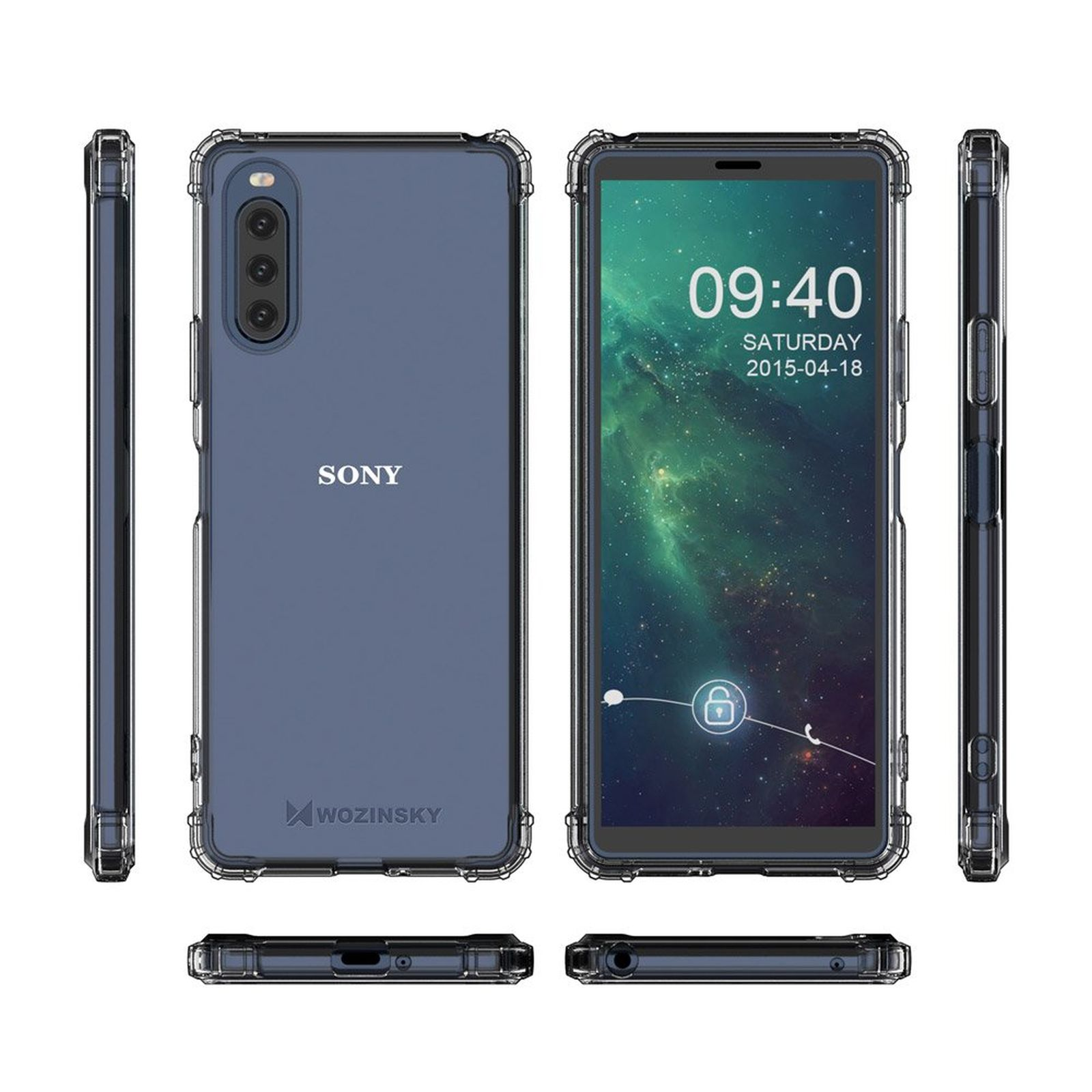 Telefono Sony in una custodia trasparente. Il display mostra l'ora e la data. Viste aggiuntive mostrano lato e fondo.