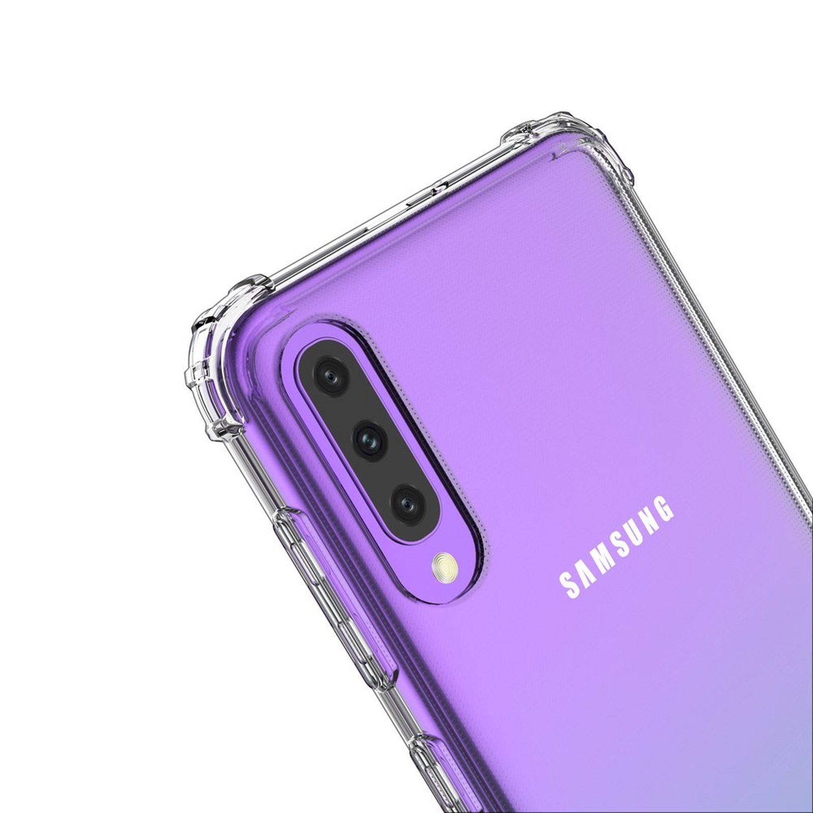 Custodia per telefono viola. La custodia è trasparente con dettagli viola. Lo sfondo è bianco.
