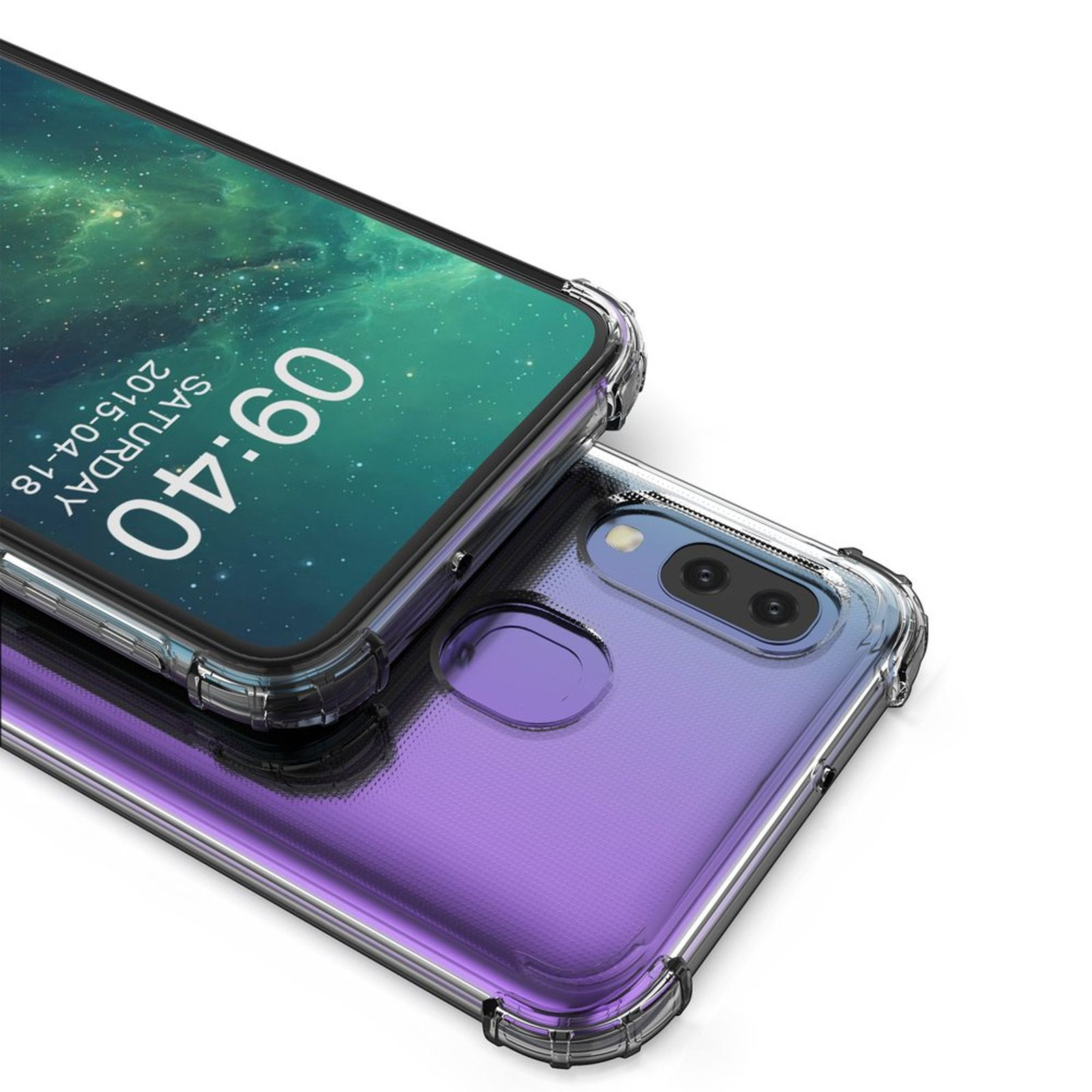 Due telefoni. Uno è in una custodia trasparente che mostra la data. L'altro ha un retro sfumato viola.