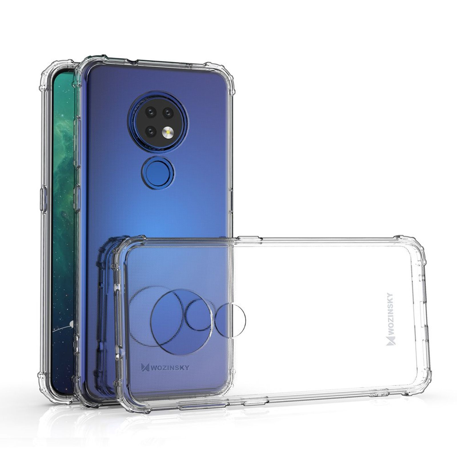 Custodia trasparente protegge un telefono blu. Visibili due custodie trasparenti aggiuntive. Testo.