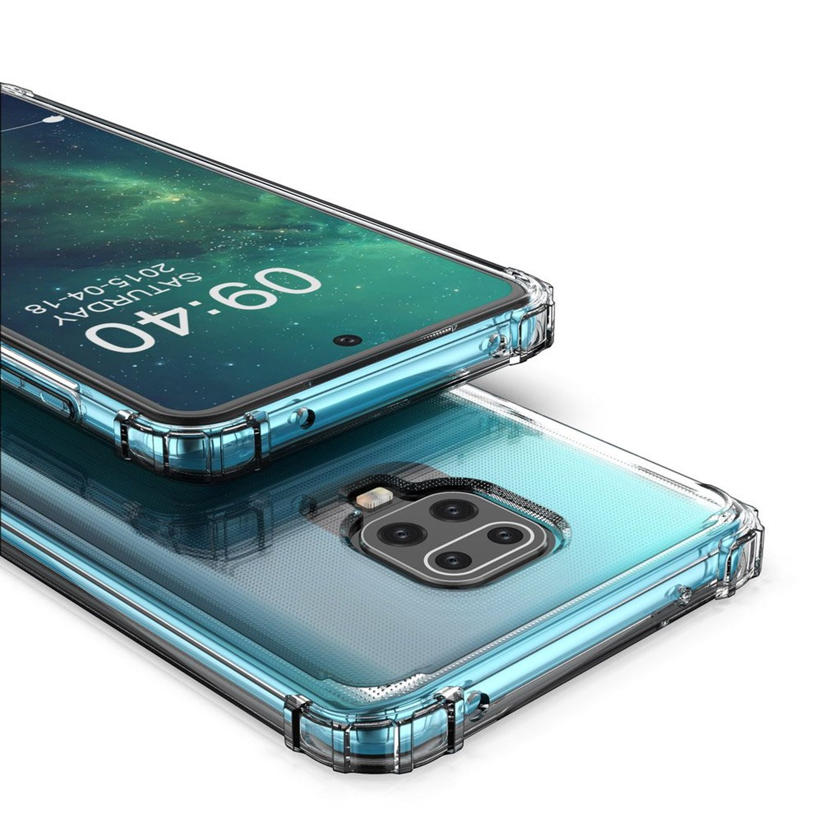 Zwei Telefone in transparenten Hüllen. Ein Telefon zeigt einen Bildschirm mit der Uhrzeit an.