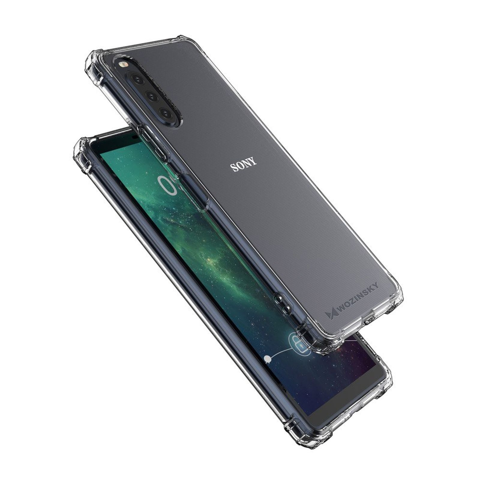 Custodia trasparente su un telefono, con logo Sony. La custodia è trasparente, mostrando il retro.