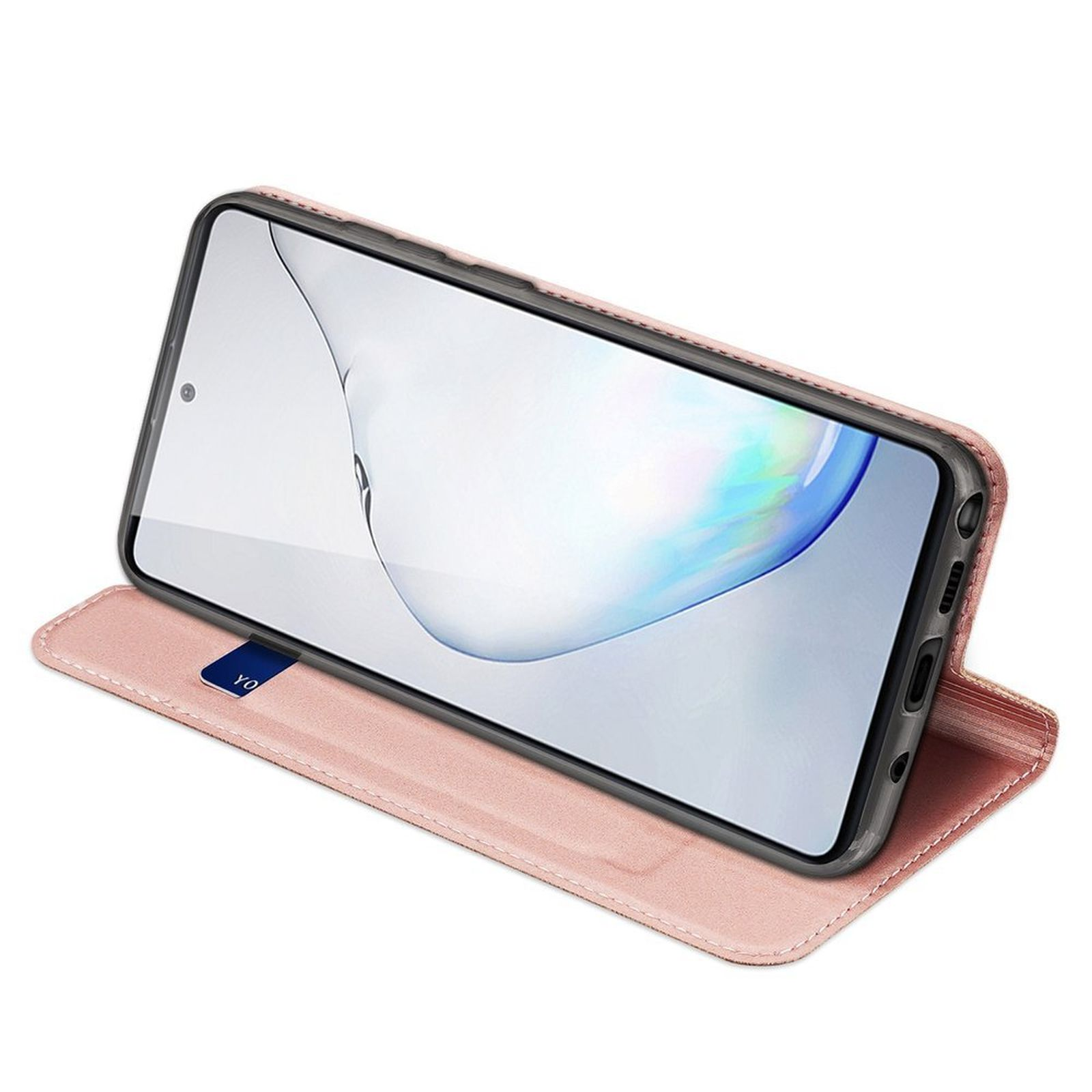 Rosa Handyhülle, offen, hält schwarzes Telefon. Telefonbildschirm ist sichtbar. Der Hintergrund ist weiß.