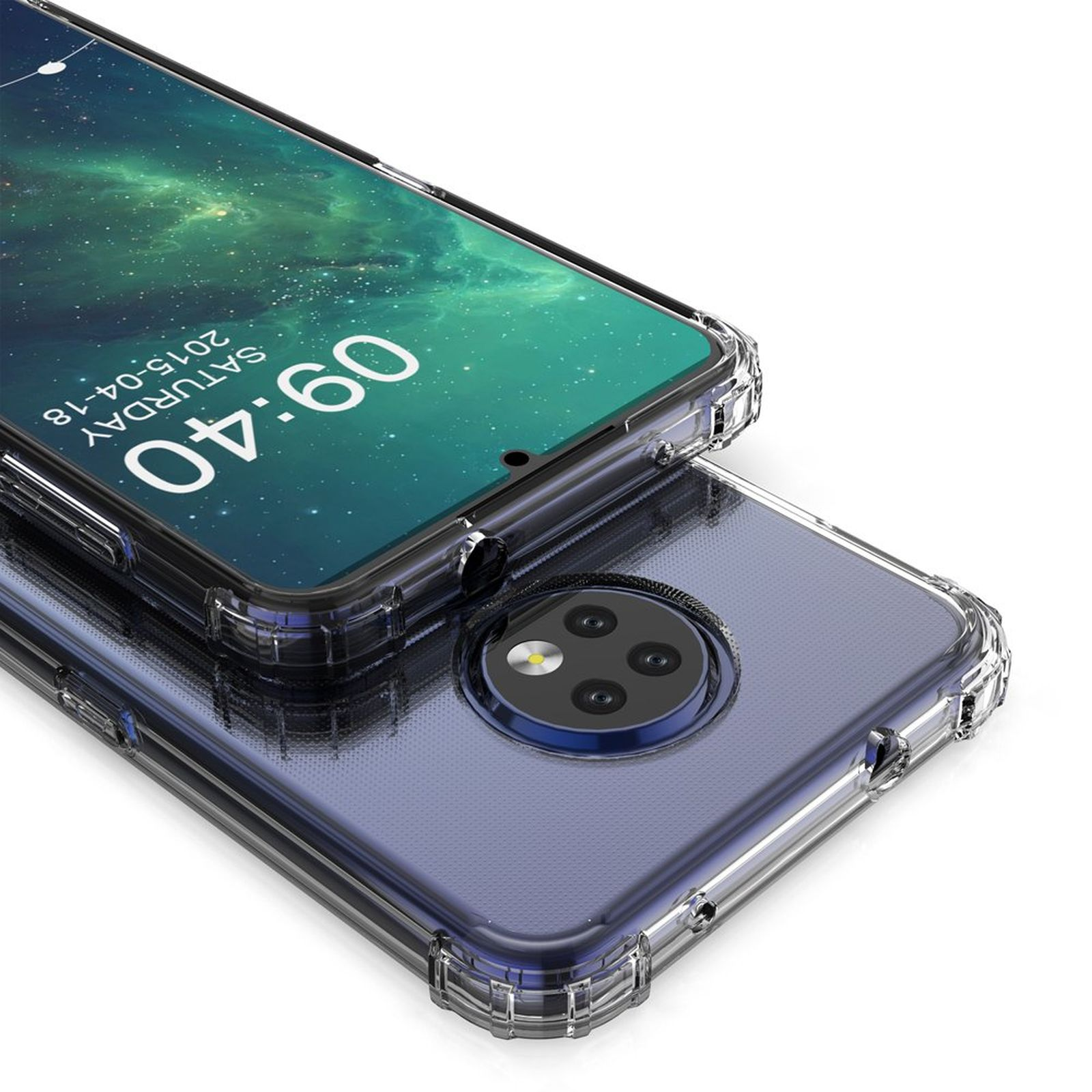 Un telefono con custodia trasparente mostra uno schermo con sfondo stellato verde e ora.