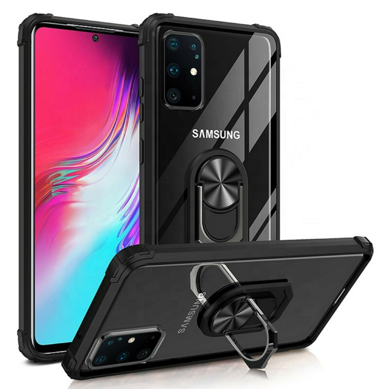 Telefonhüllen. Schwarzes Telefon mit Ringhalter und transparenter Hülle. Weißer Hintergrund.