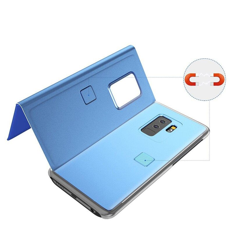 Blaue Handyhülle mit Telefon. Magnetdetail wird gezeigt.