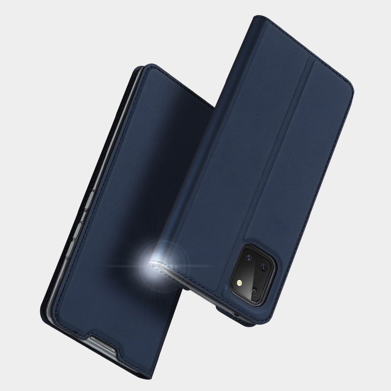 Blaue Handyhülle, geöffnet, um das Telefon zu zeigen, mit Lichteffekt.