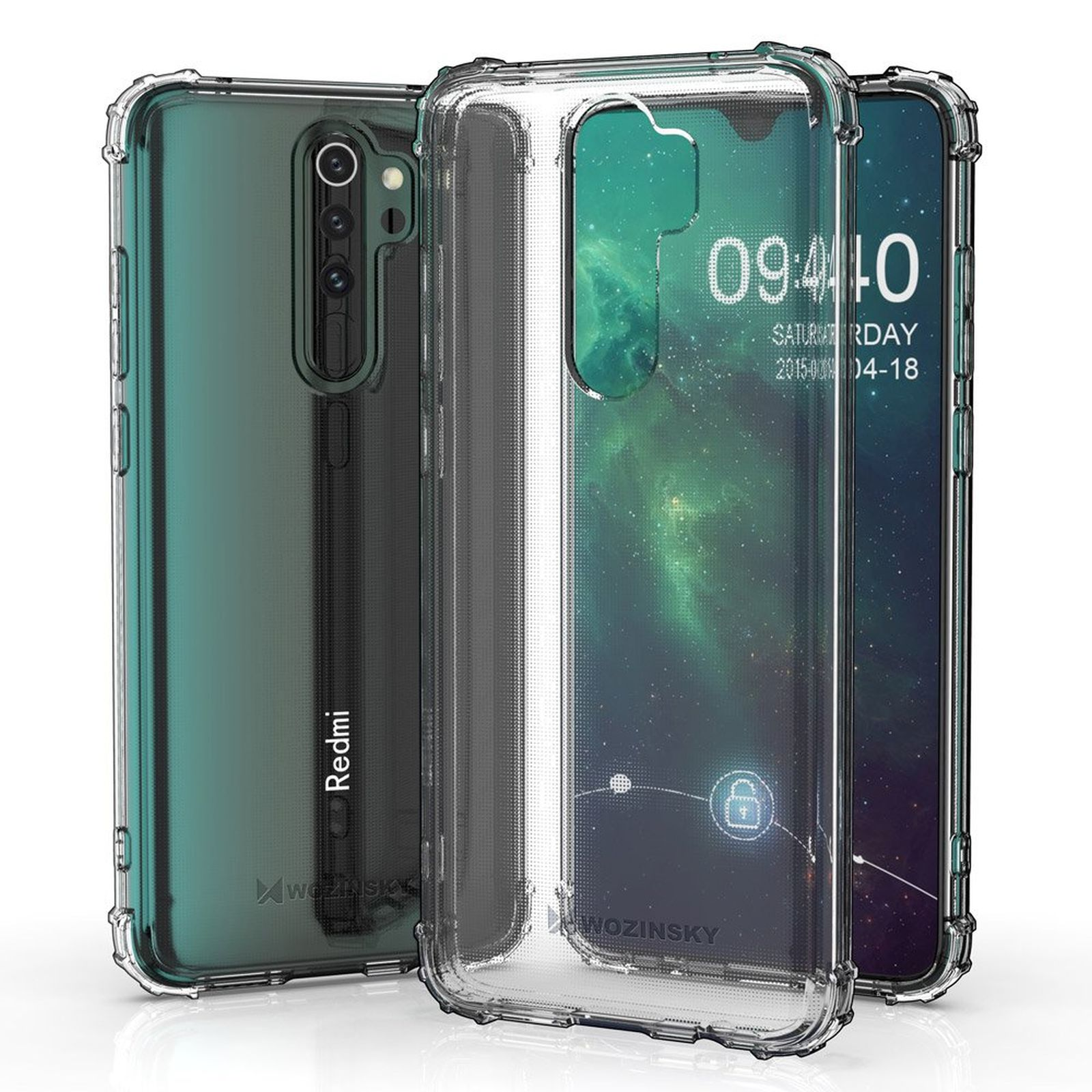 Tre custodie trasparenti per telefono, una con un telefono verde. Le custodie hanno un design a griglia e sono protettive.