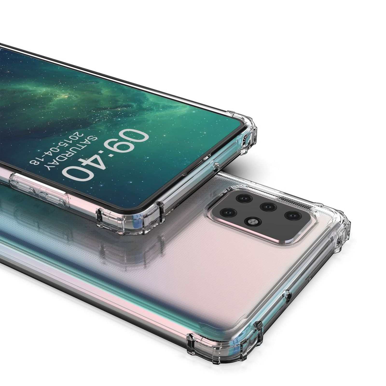 Transparente Handyhülle auf einem Telefon. Das Telefon zeigt die Uhrzeit und einen bunten Hintergrund.