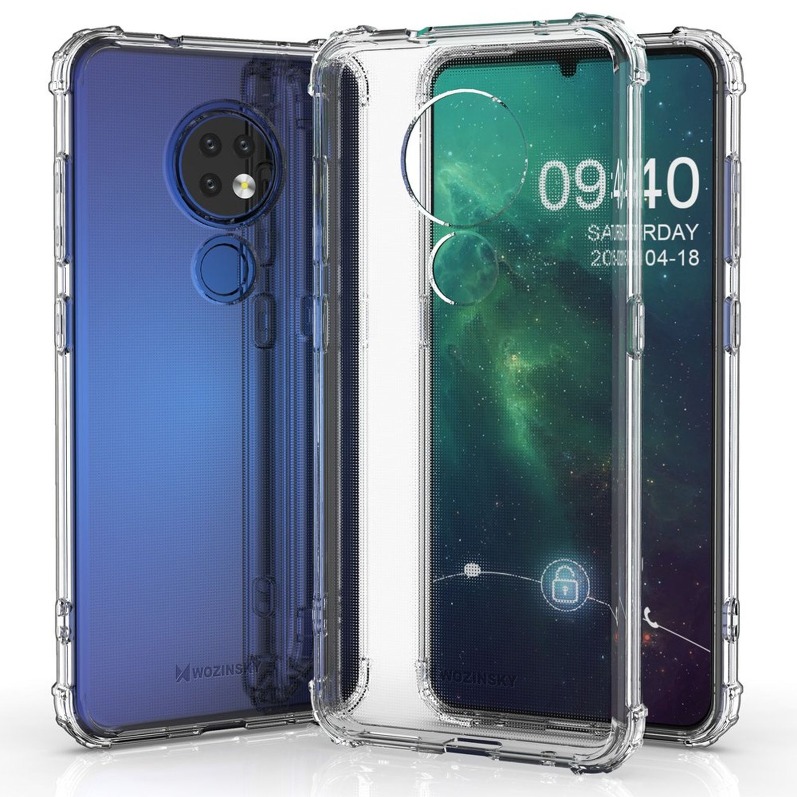 Tre custodie trasparenti per telefono su sfondo bianco. Due sono sul retro e una è rivolta verso la parte anteriore.