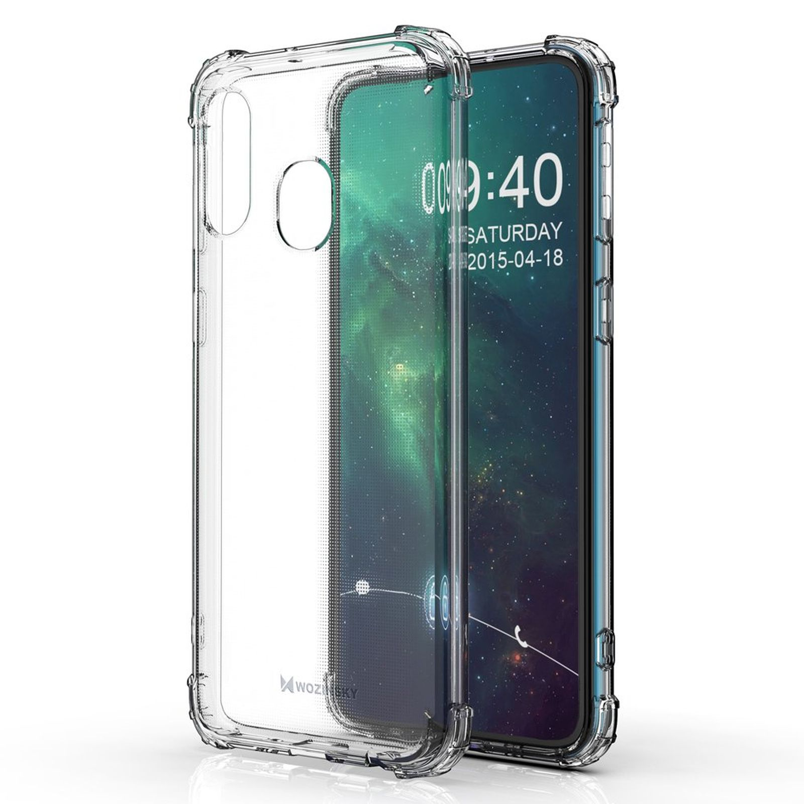 Custodia trasparente per telefono, protegge il telefono. Il telefono ha uno schermo colorato con l'ora visualizzata. Sfondo bianco.